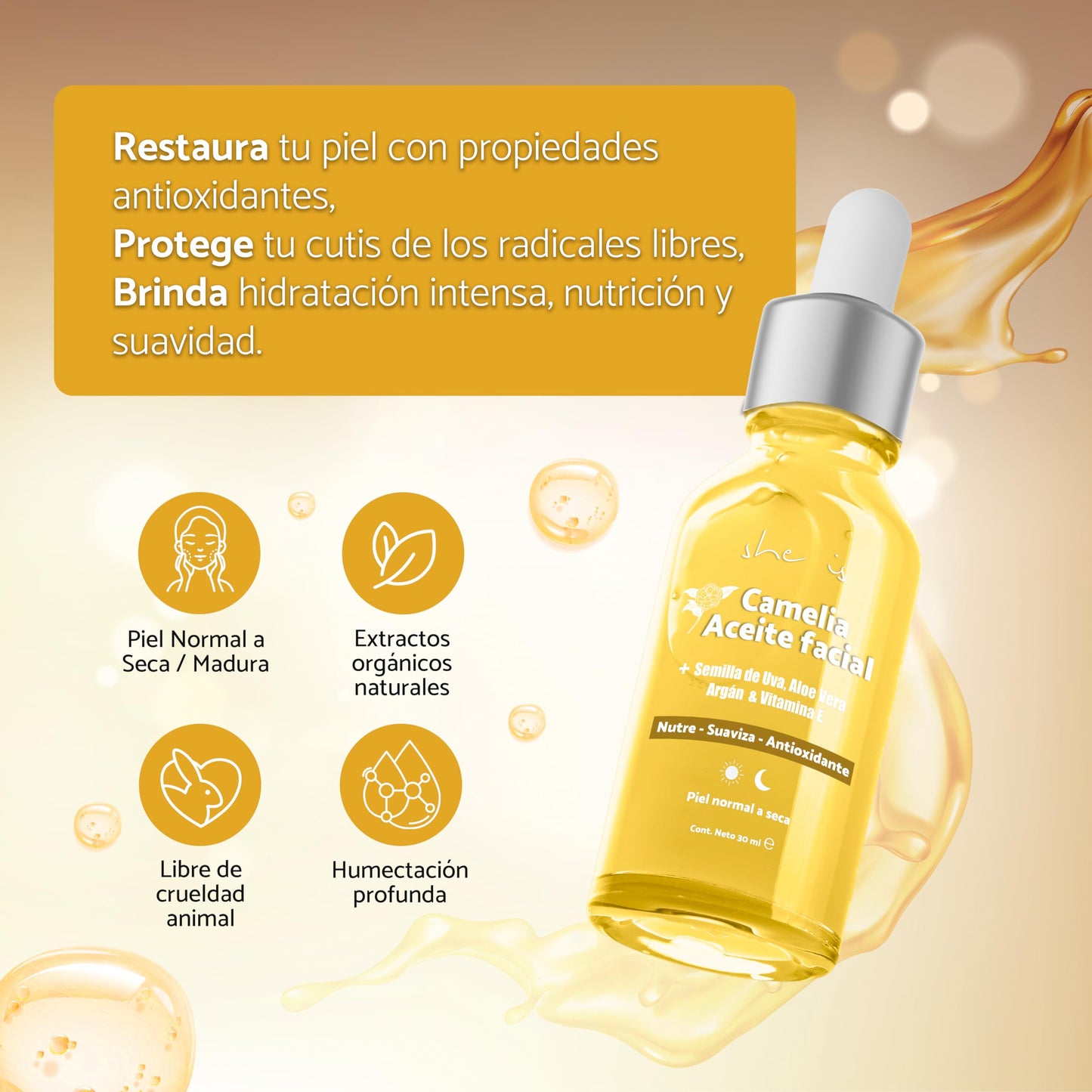 She is skincare Sérum Facial Nutritivo Camelia 6 extractos orgánicos, 30ml