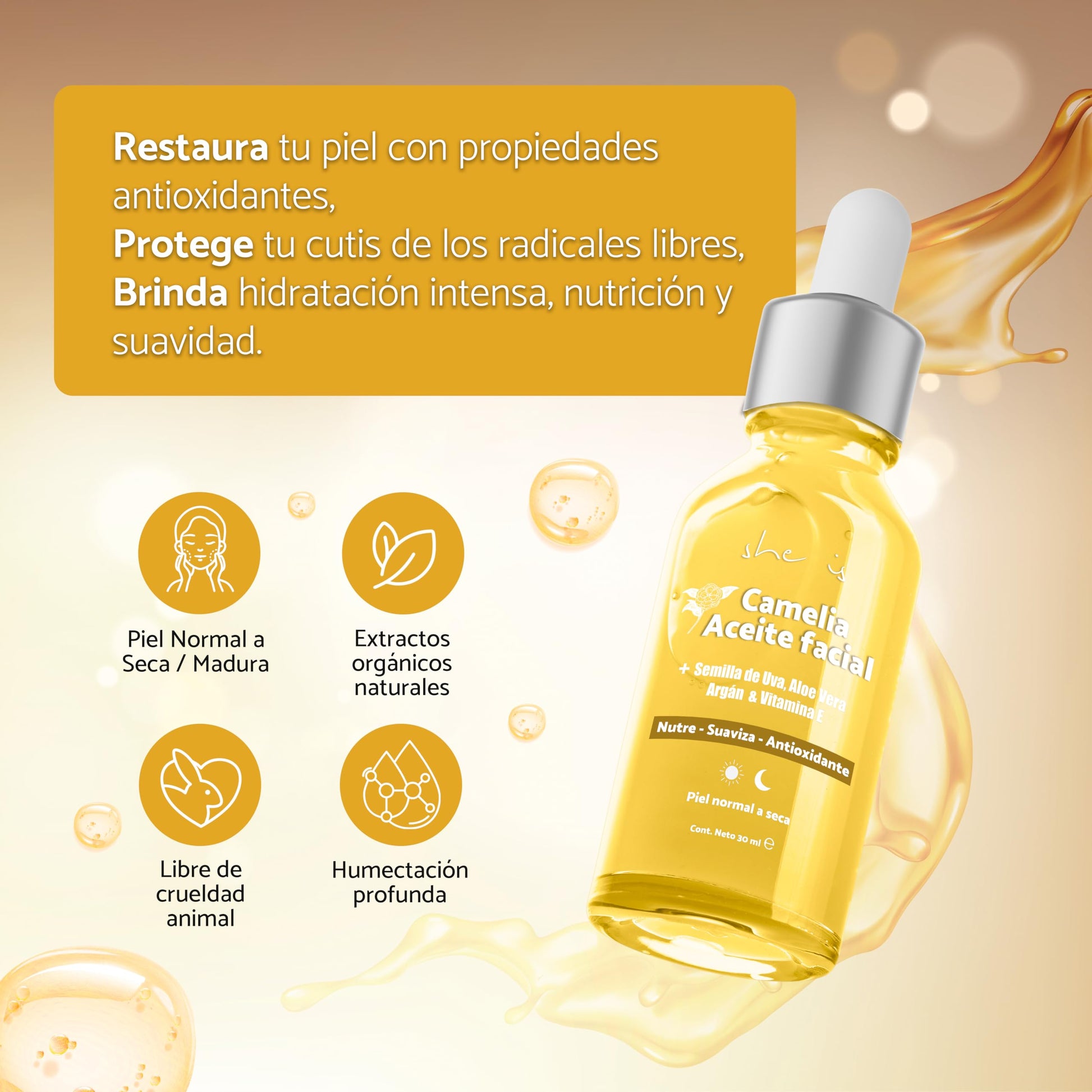 She is skincare Sérum Facial Nutritivo Camelia 6 extractos orgánicos, 30ml