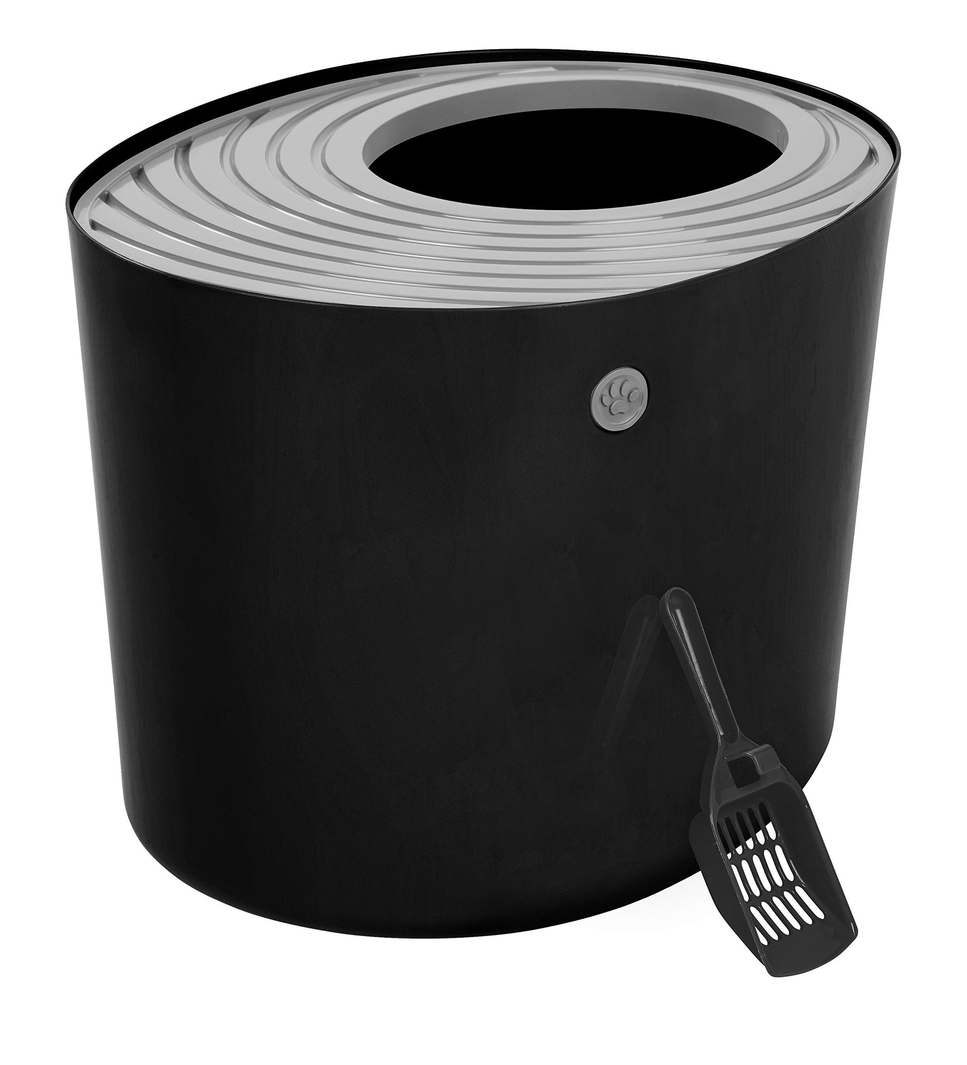 IRIS USA Gran arenero para gatos con entrada superior y pala, elegante caja redonda para gatos, arenero para gatitos, Negro/Gris