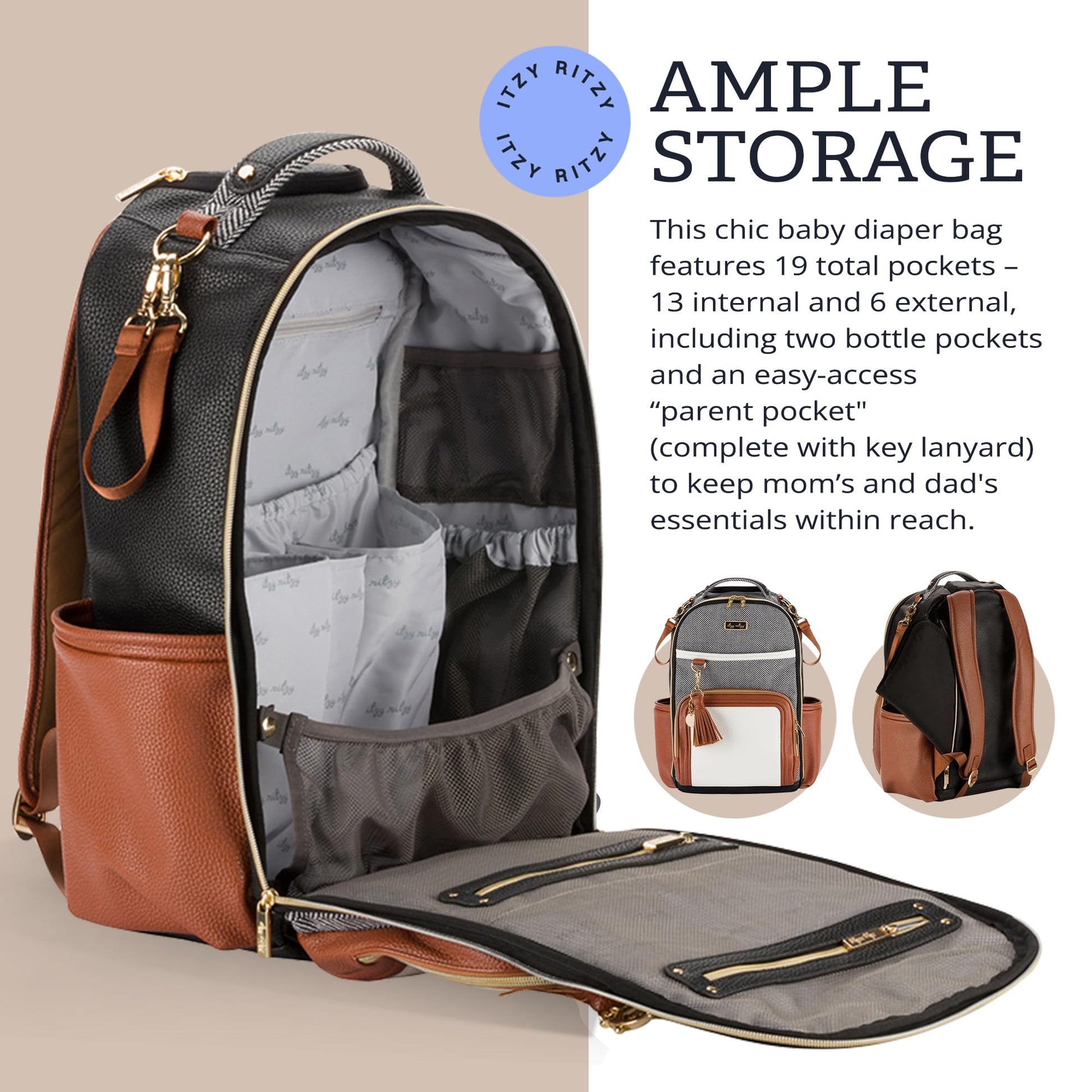 Itzy Ritzy - Mochila para pañales de gran capacidad Boss Plus para bebé con 19 bolsillos, cambiador, clips para cochecito y cómodas correas para mochila, café y crema