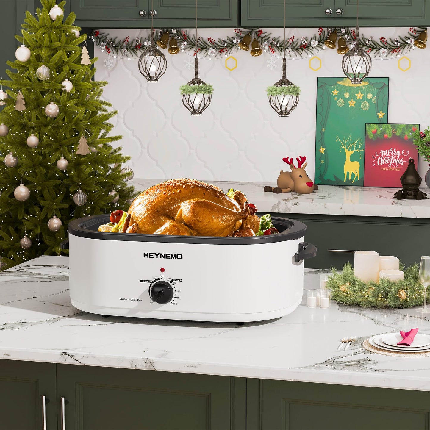 HEYNEMO Horno tostador, horno eléctrico de 24 cuartos de galón, horno tostador de pavo buffet con tapa autohilado, sartén extraíble, asas de tacto frío, acero inoxidable blanco