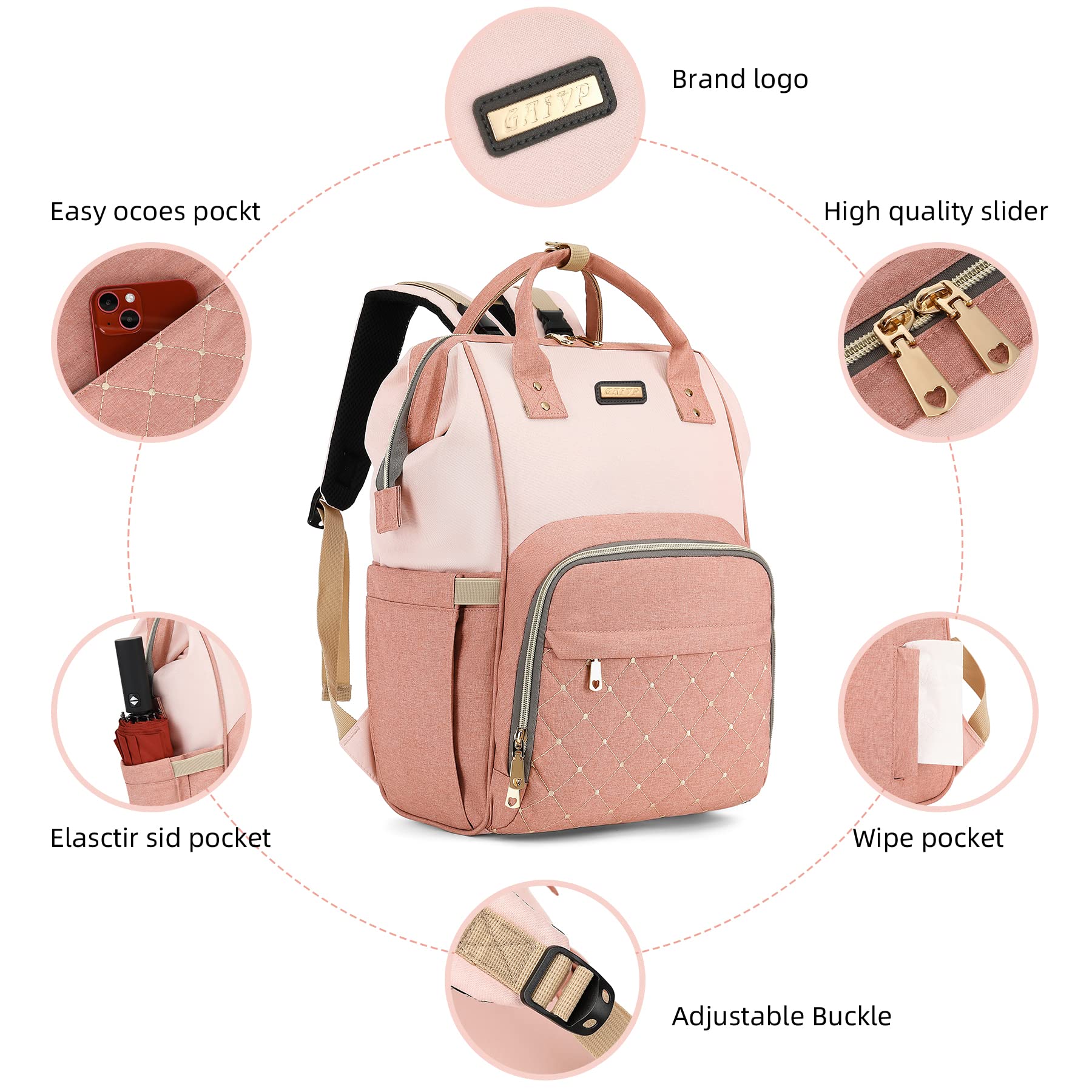 Mochila para pañales, bolsas de pañales para bebés y niñas, bolsas de bebé para mamás, papás, bolsa cambiadora de pañales con bolsillos aislados, mochila impermeable multifuncional con correas de