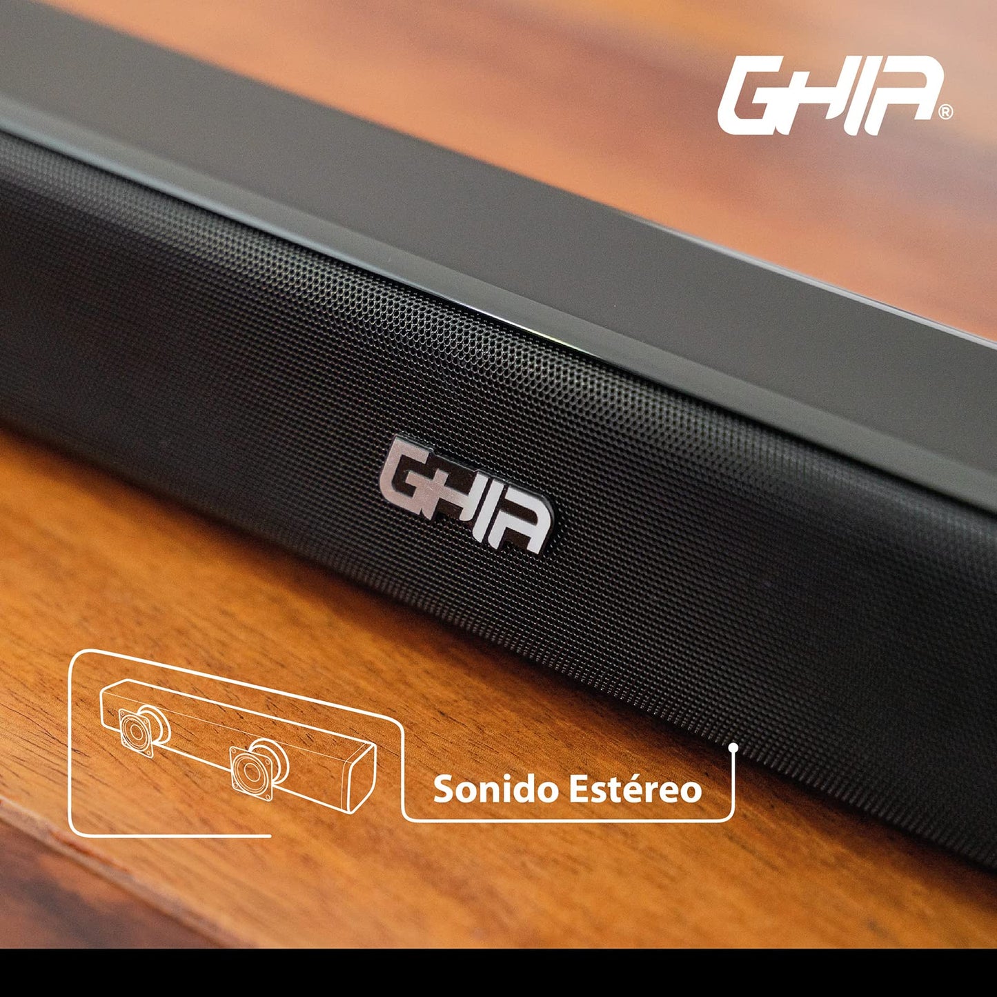 GHIA Barra de Sonido GSB-012. Audio de 2.0 Canales, Potencia 20w RMS, Batería Recargable 2200MAh. Conexión inalámbrica, Bluetooth, USB, Radio FM, Puerto Óptico.