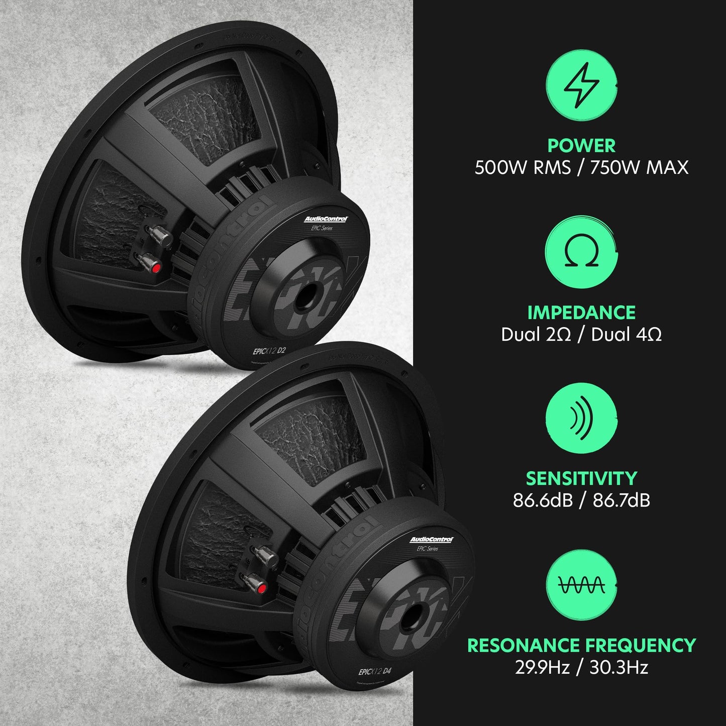 AudioControl EPICX Series - Altavoz de subwoofer para coche de 12 pulgadas, potencia máxima de 750 W (500 W RMS), bobinas de voz dobles de 4 ohmios, sub Loud Pro StreetBass para sistema de audio para