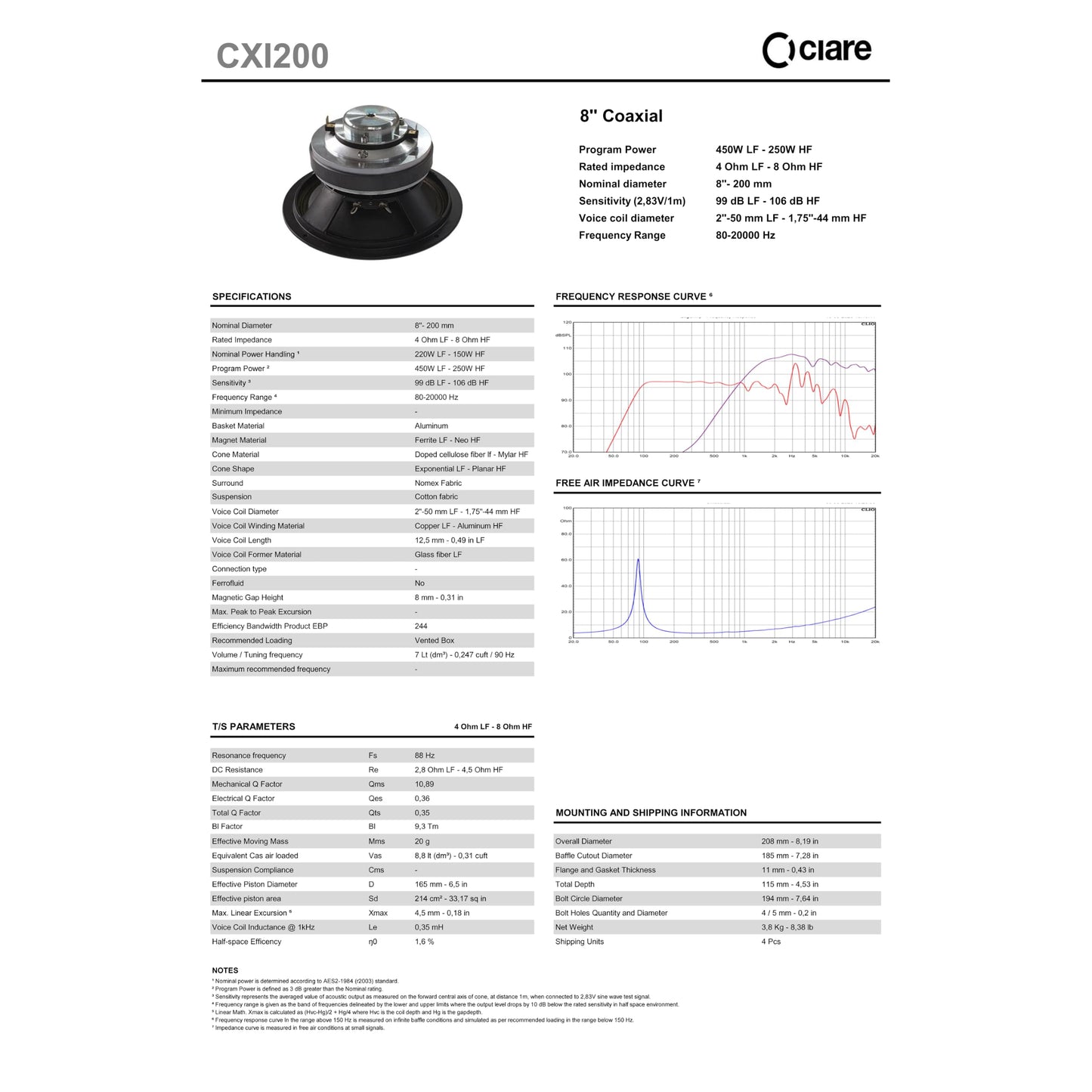 Ciare SPL CXI200 - Altavoz coaxial de 8 pulgadas, 4 ohmios LF / 8 ohmios HF