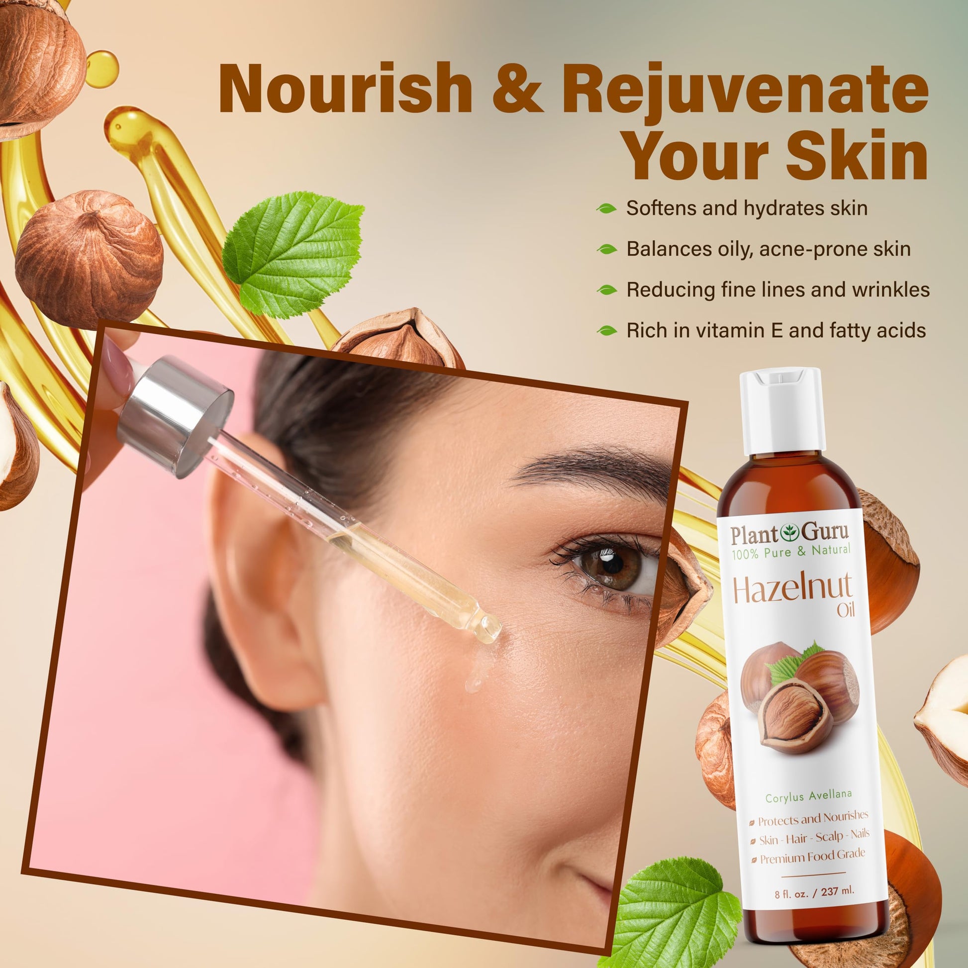 Hazelnut Oil 16 oz. Cold Pressed 100% Pure Natural Carrier - Skin, Body And Face. Great For Moisturizing & More!