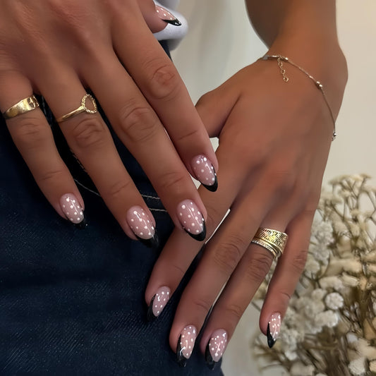 SXVME Uñas postizas con punta francesa negra almendra, uñas postizas cortas con lunares y diseño de aguja, uñas postizas con lunares blancos, uñas postizas reutilizables de gel suave para mujer (30 un