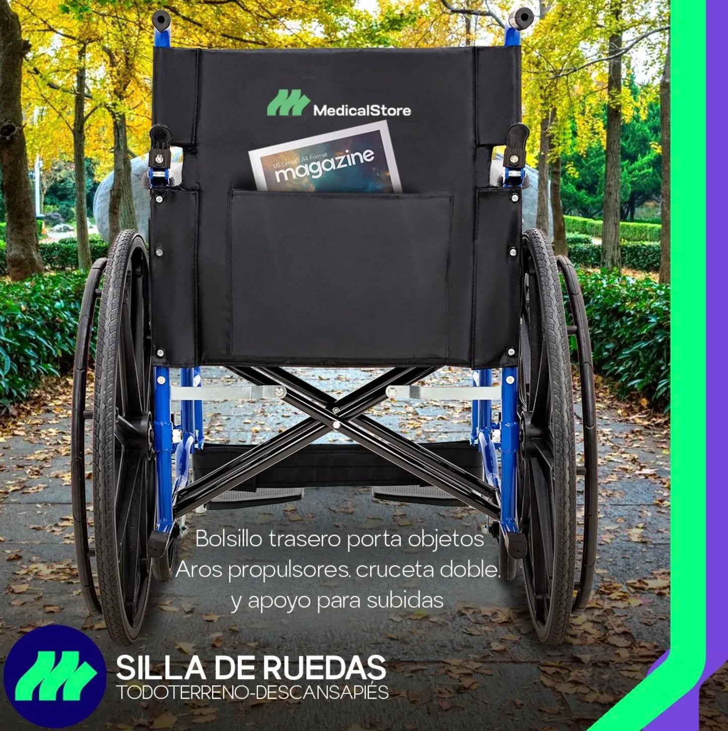 Silla de Ruedas Medical Store Azul Ligera Todo Terreno Plegable para Adulto Mayor