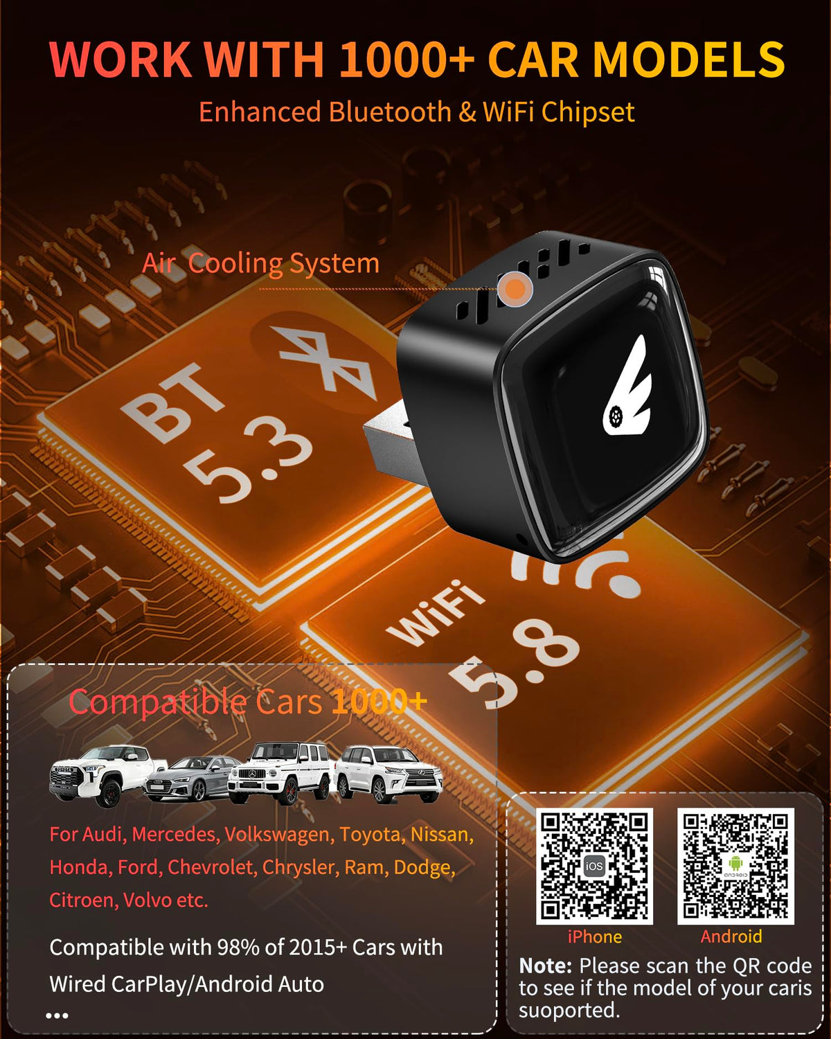 Adaptador Inalámbrico CarPlay iPhone y Android Auto Converter Plug and Play para Coches 2016+