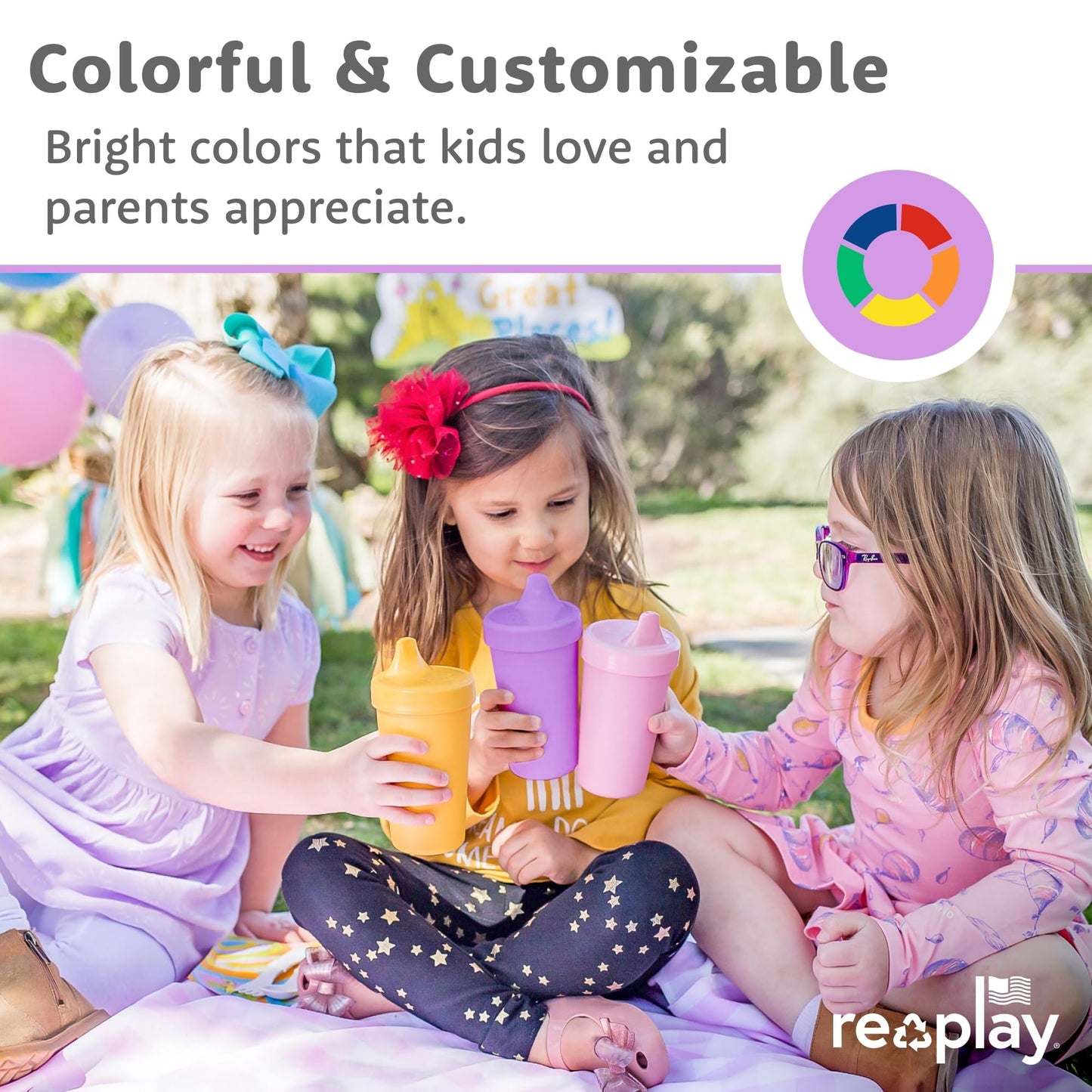 Re-Play - Juego de 4 tazas para beber a prueba de derrames para niños pequeños, reutilizables de 10 onzas, aptas para lavaplatos y microondas, fabricadas en Estados Unidos, preescolar