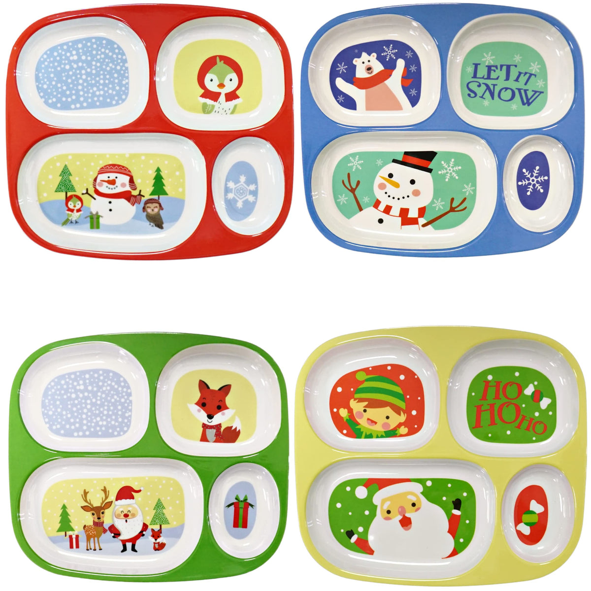 4E's Novelty - Vajilla de Navidad dividida para niños (juego de 4) Platos de cena de plástico de melamina sin BPA seccionales, platos de Navidad para niños pequeños