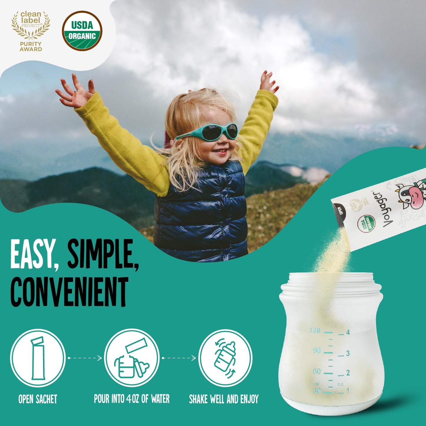 Voyager Milk Leche Voyager Para Bebés, Leche Entera En Polvo Orgánica Usda Estable, Ideal Para Viajes, Sin Refrigeración, Sin Gluten, Sin Omg Ni Antibióticos Para Niños, 16 Sobres De 15 G