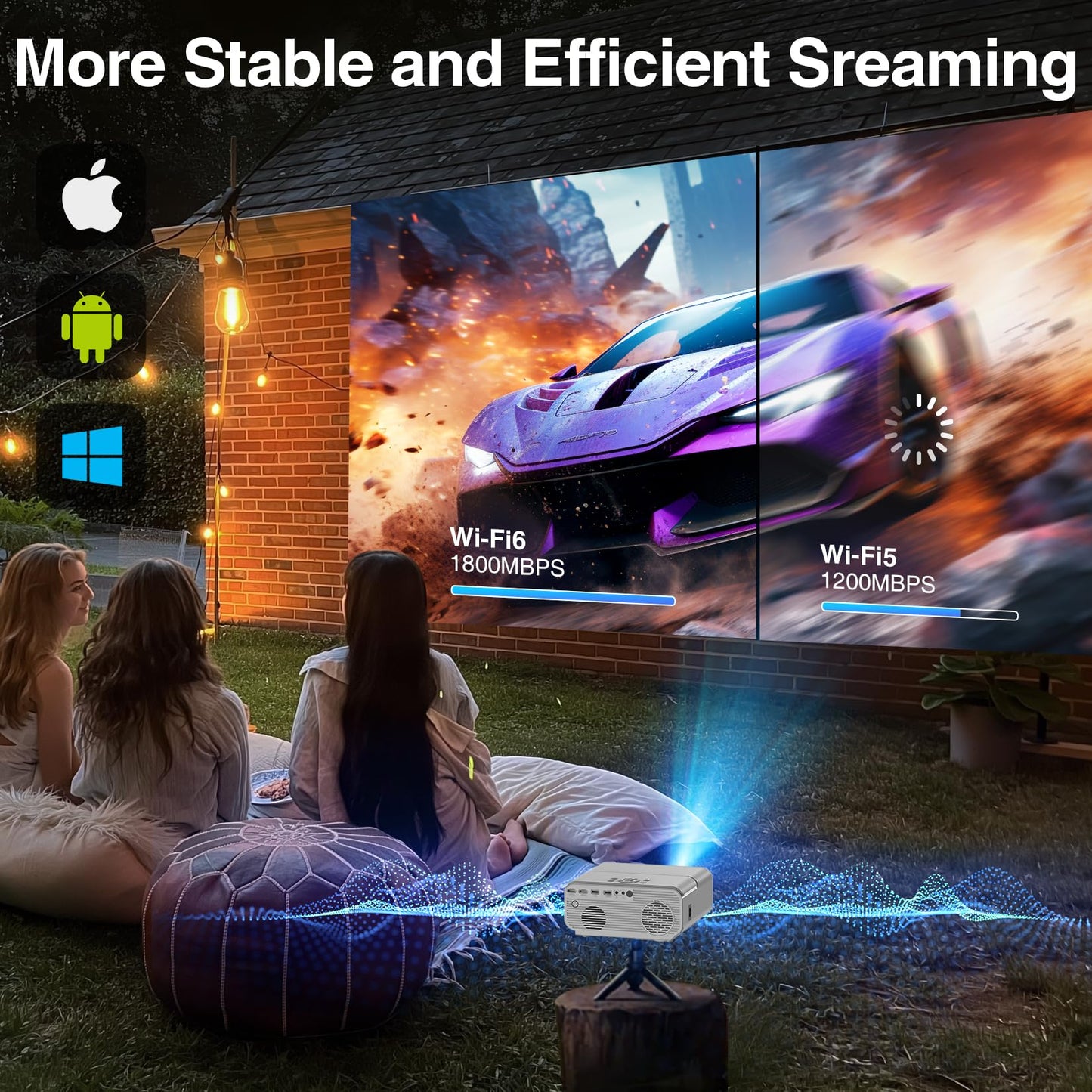 [AutoFocus/Soporte 4K] Proyector con WiFi y Bluetooth, Proyector de película para exteriores nativo 1080P con enfoque automático, 4P6D Keystone/50% Zoom/PPT, proyector portátil DBPOWER para iOS