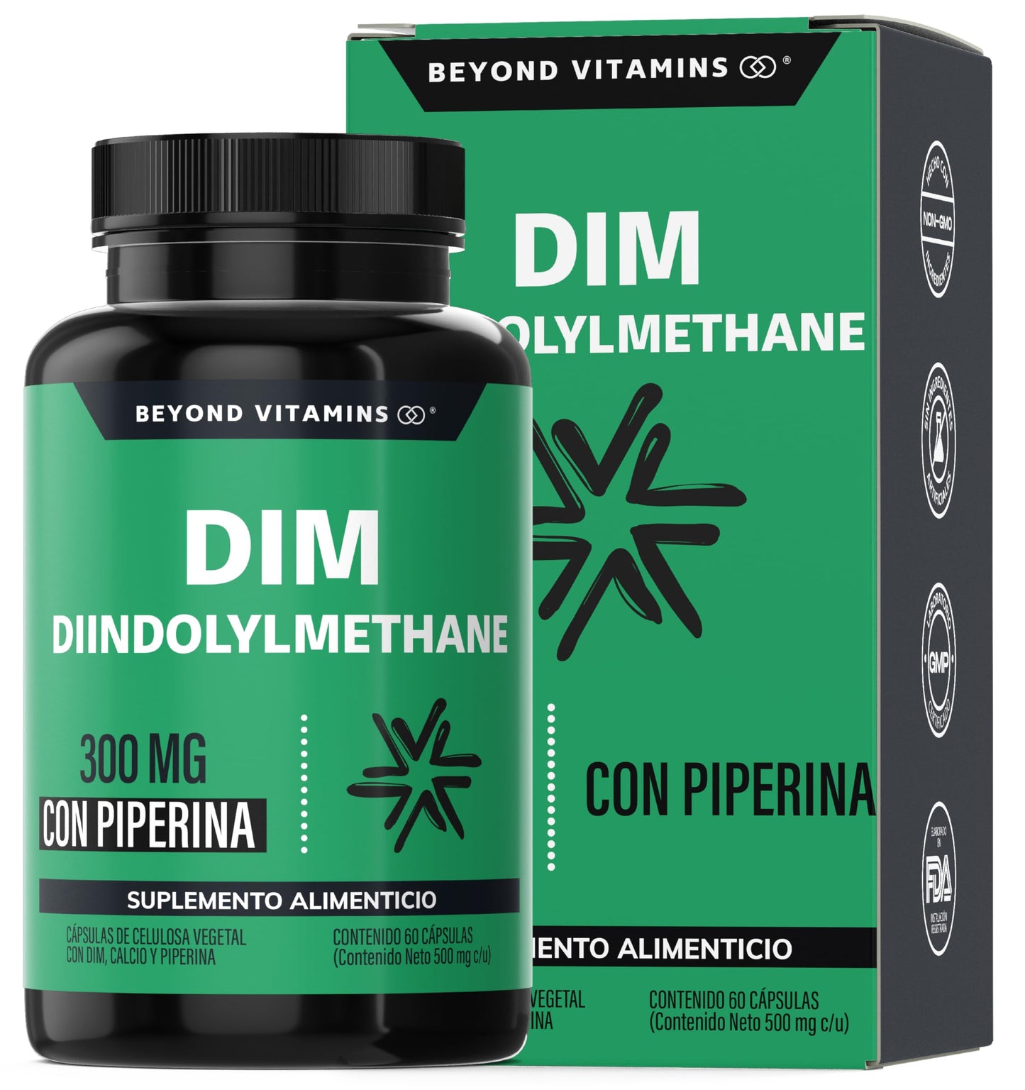 Beyond Vitamins | DIM Suplemento 300 mg | Diindolilmetano avanzado + Piperina al 95% | Cápsulas vegetales VCaps | 2 meses