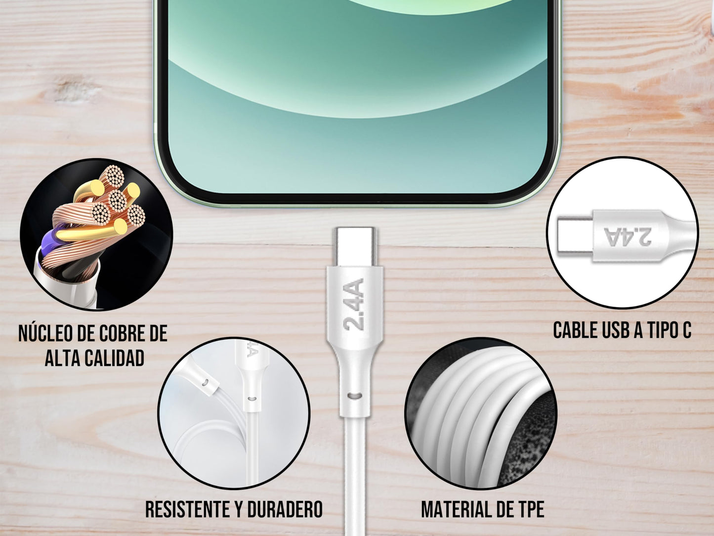 CONTROL EXPERT Combo Cargador Carga Rapida USB a Tipo C 2.4 A Cable 1 Metro (Blanco)