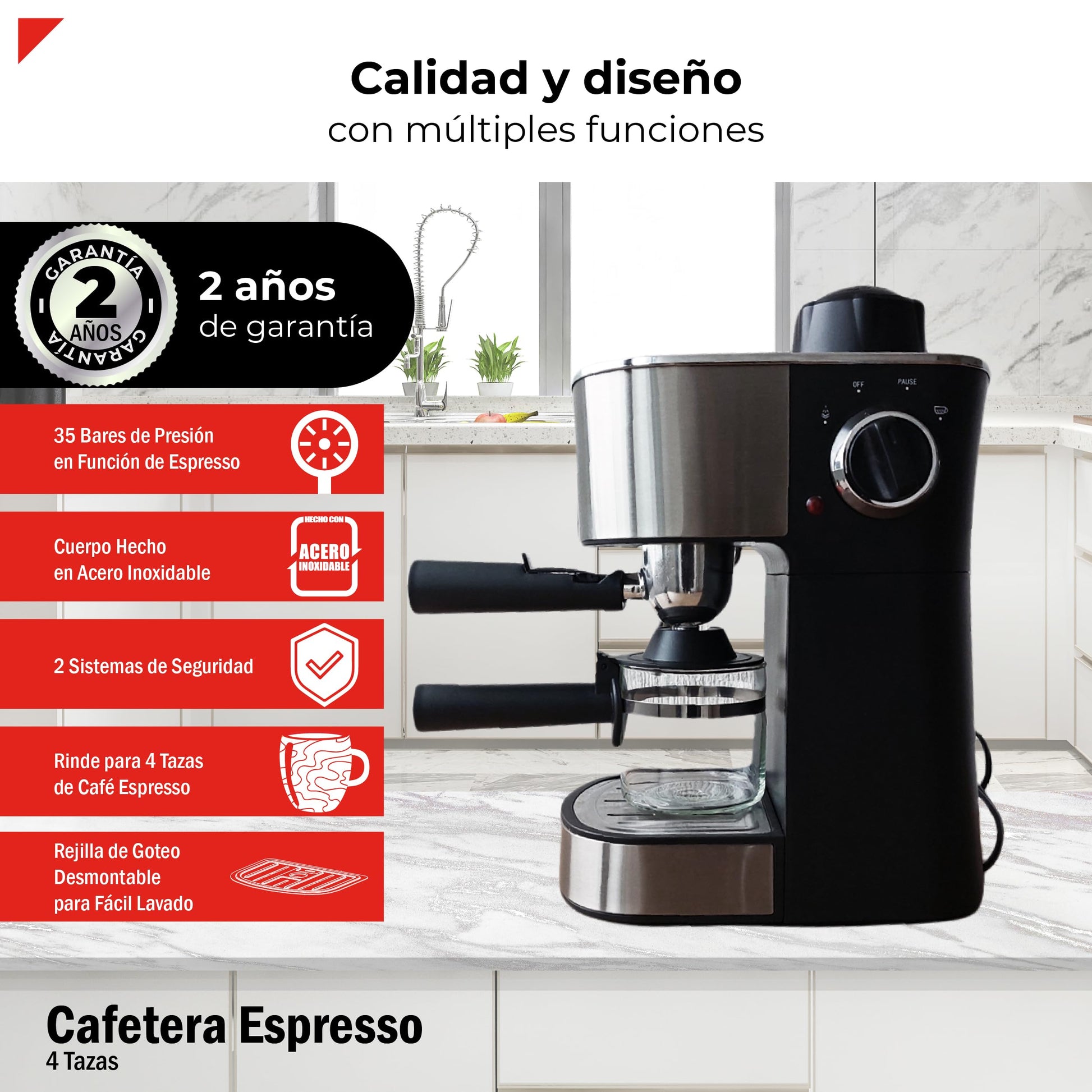BOGNER- Cafetera espresso capuccino de 4 tazas para café molido BCM35 fabricada en acero inoxidable. Capacidad de tanque 470ml. Diseño moderno con frente ovalada
