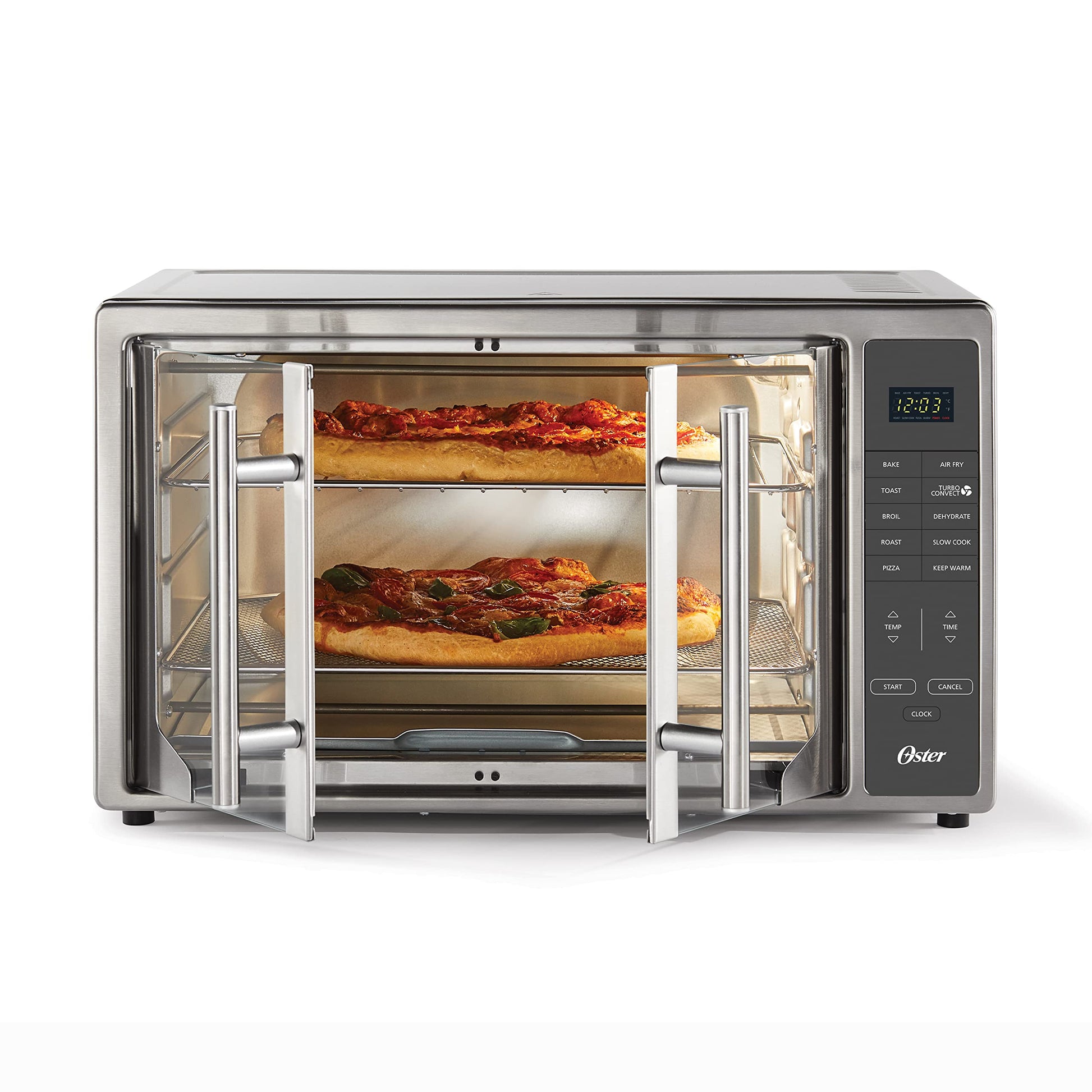 Oster Air Freidora Horno 10 en 1 tostador de encimera lo suficientemente grande para 2 pizzas puertas francesas de acero inoxidable, tamaño XL
