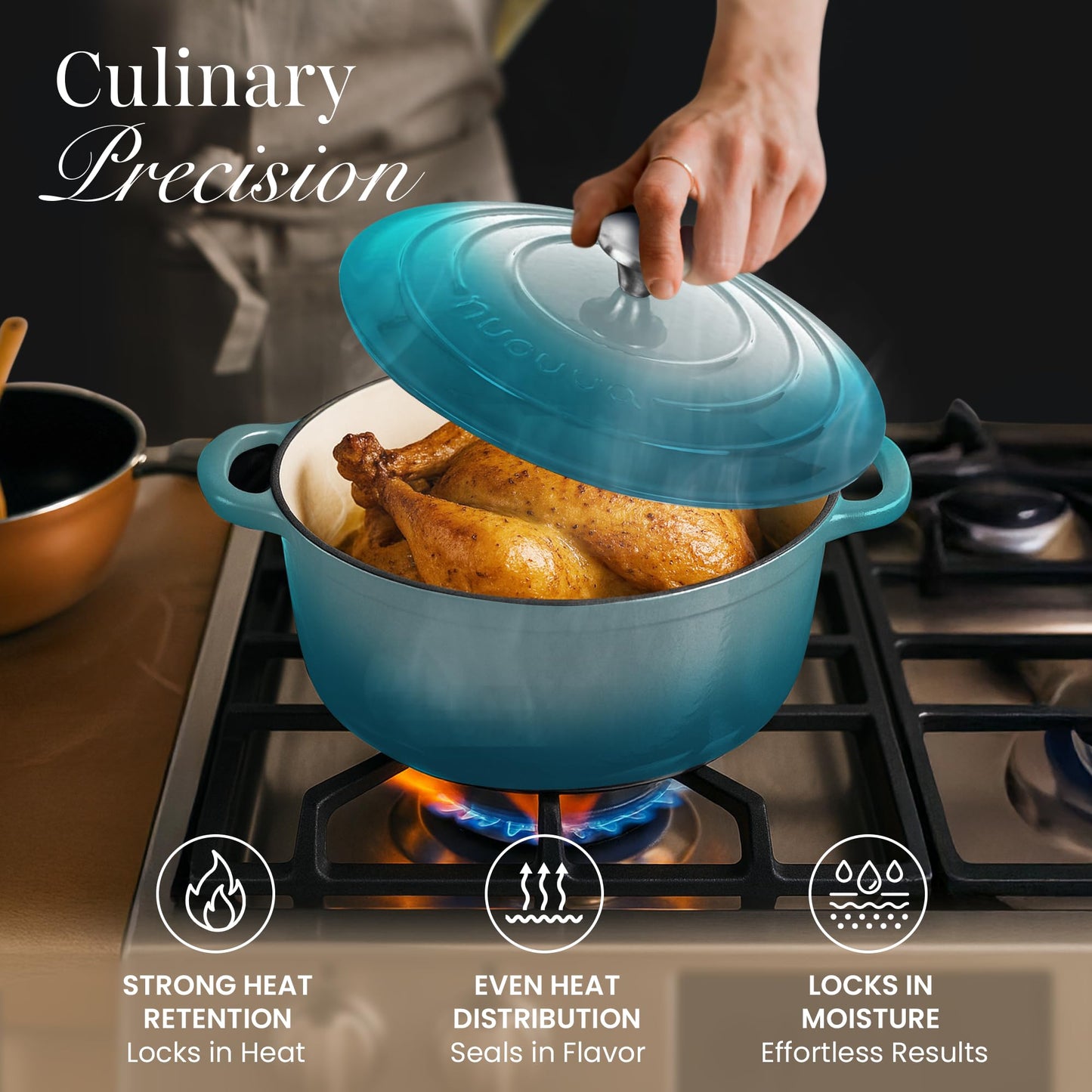 Nuovva - Olla de hierro fundido esmaltado con tapa, olla antiadherente de 6.4 cuartos de galón, resistente y apta para horno hasta 500 °F, para hornear, estofar, asar, 28 cm, color verde azulado