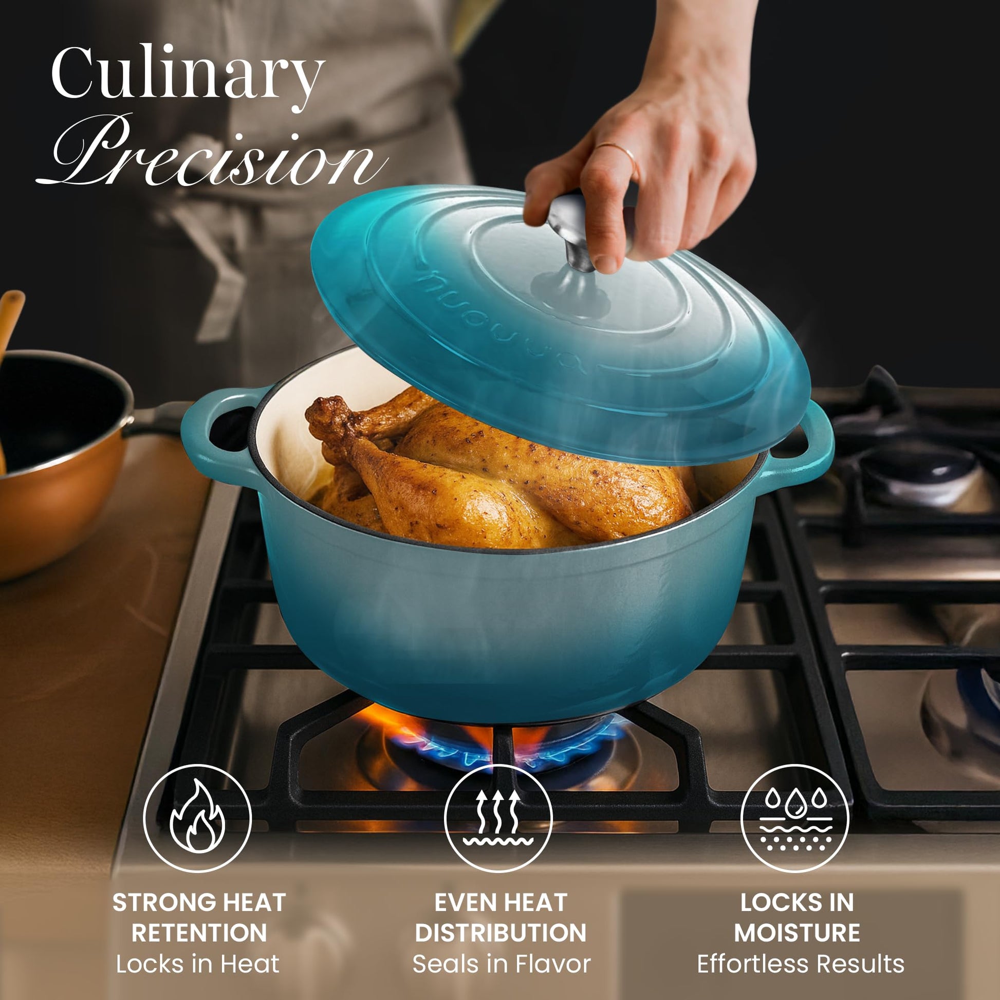 Nuovva - Olla de hierro fundido esmaltado con tapa, olla antiadherente de 6.4 cuartos de galón, resistente y apta para horno hasta 500 °F, para hornear, estofar, asar, 28 cm, color verde azulado