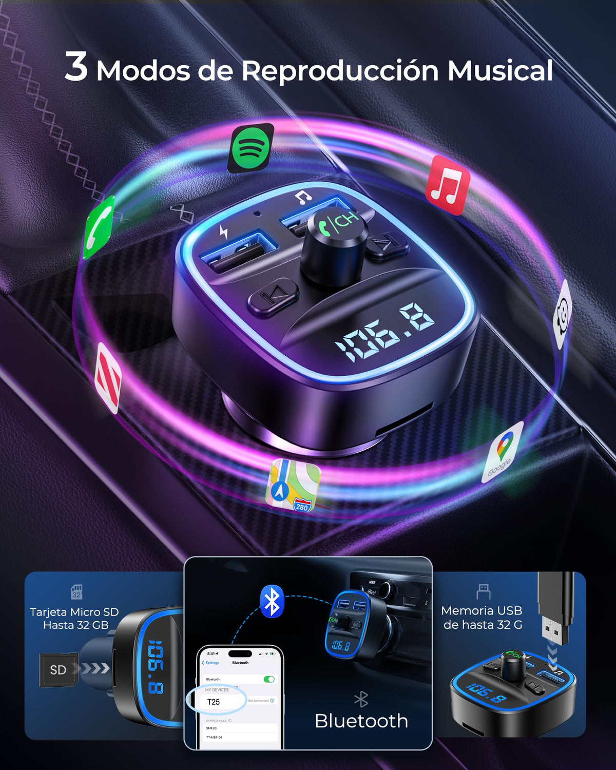 Transmisor FM Bluetooth LENCENT para Auto Reproductor Música