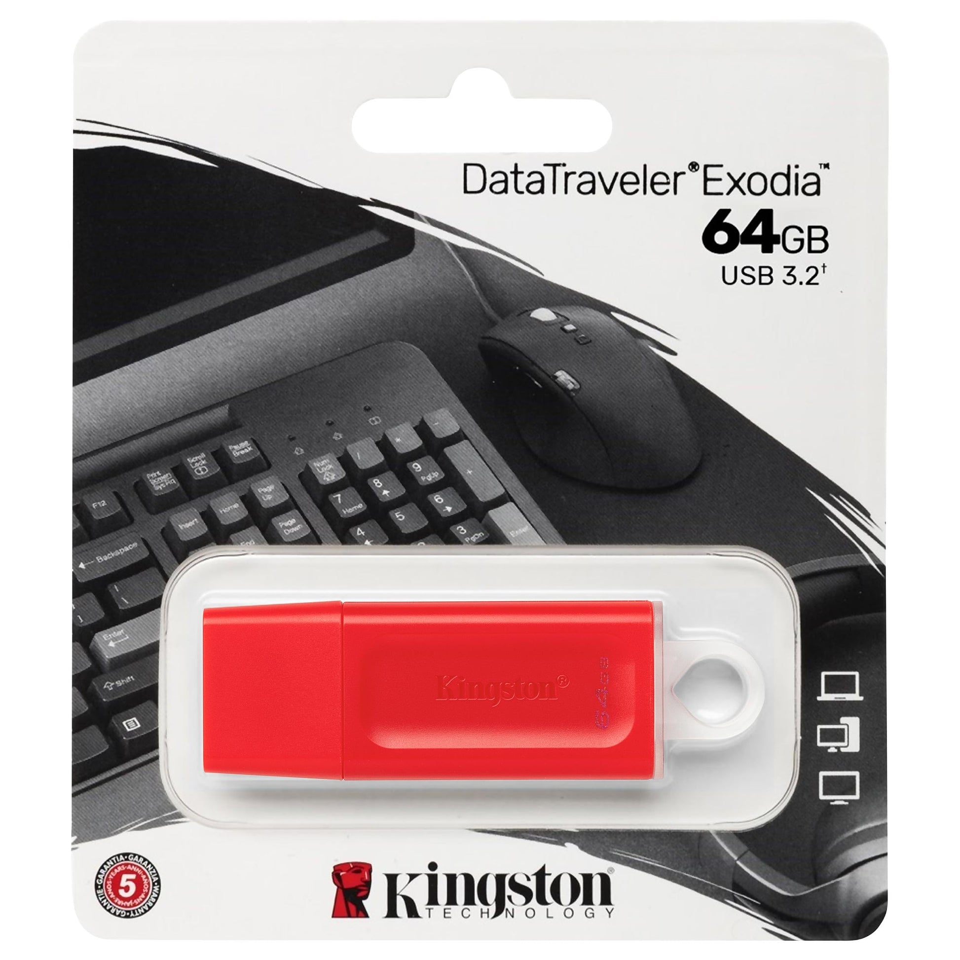 KIT100 Memoria USB Kingston DataTraveler Exodia, 64GB, USB 3.2, Rojo interfas Tipo A (KIT100KC-U2G64-7GR) Diseño Moderno con Tapa PSA COMPUTO Y PAPALERIA.