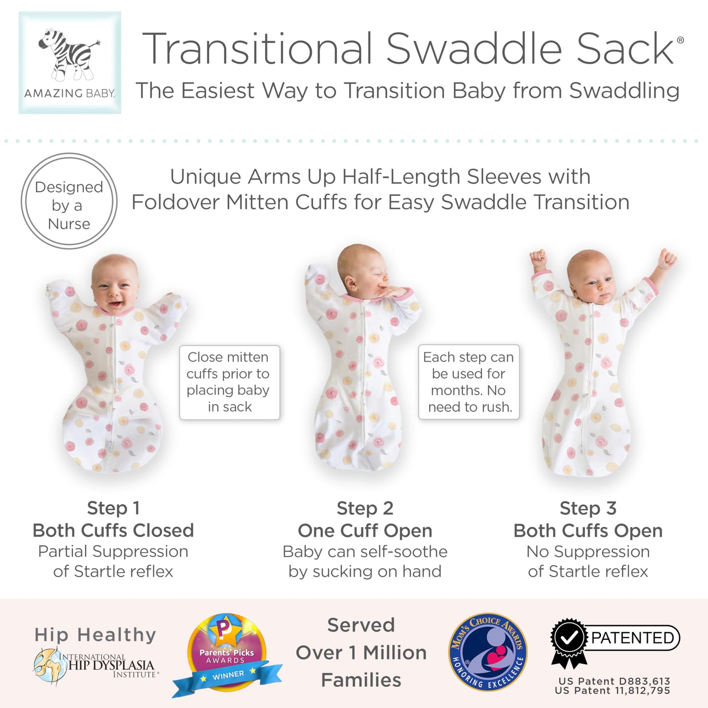Increíble saco de transición para bebé, mangas de media longitud y puños de manopla para la transición del recién nacido al saco de dormir del bebé, manta portátil, Med, 3-6 meses, 14-20 libras, rosas