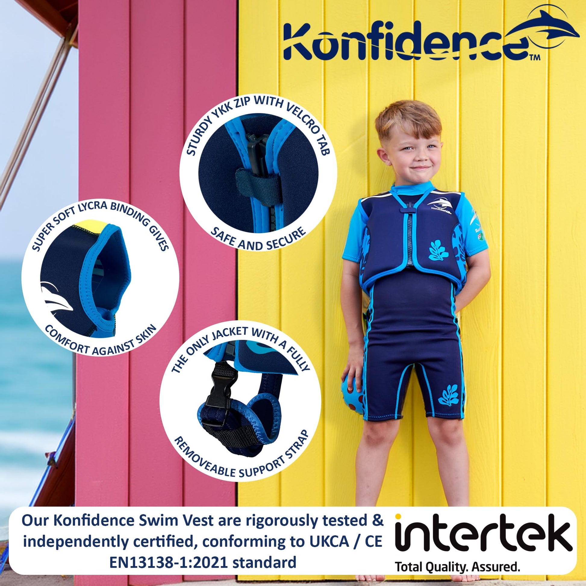 Konfidence - Chaleco de natación de alta calidad con correa de seguridad extraíble para niños, flotabilidad ajustable, compatible con UKCA y CE, aprobado para la escuela de natación (Maui Green, S (15