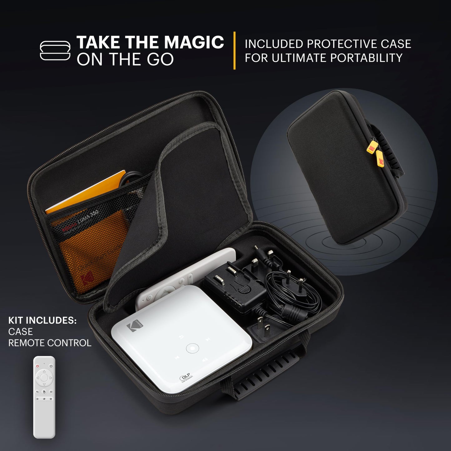 Kodak Luma 350 Proyector portátil inteligente – Proyector de video Wi-Fi recargable con sistema operativo Android, espejo de visualización, control remoto y aplicación Luma, incluye estuche de