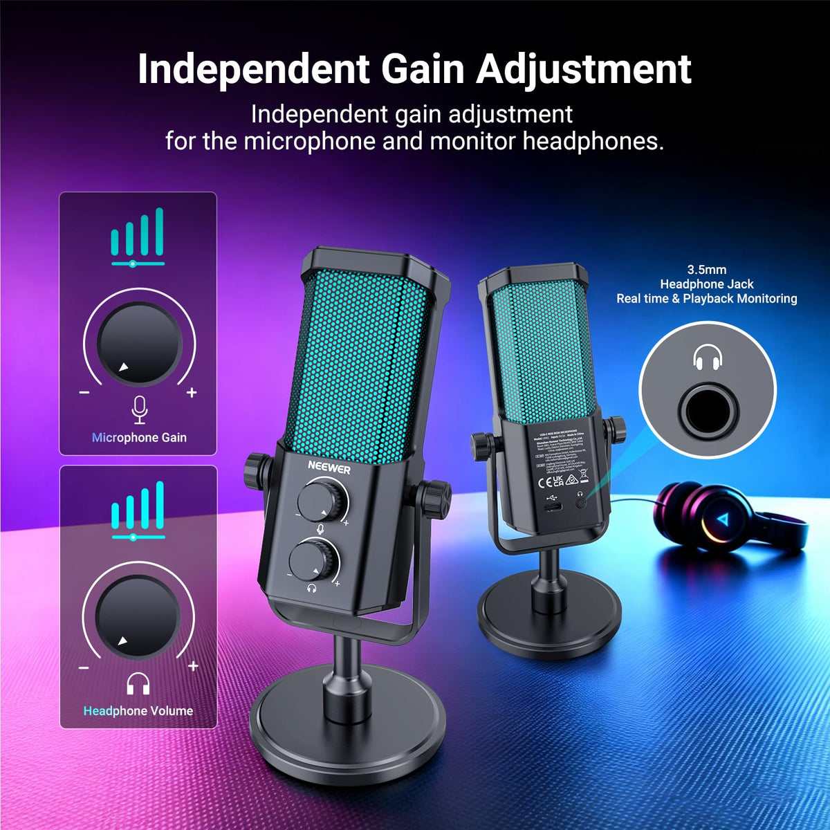 Micrófono USB RGB NEEWER UM01 Cancelación Ruido Gris para Podcasting