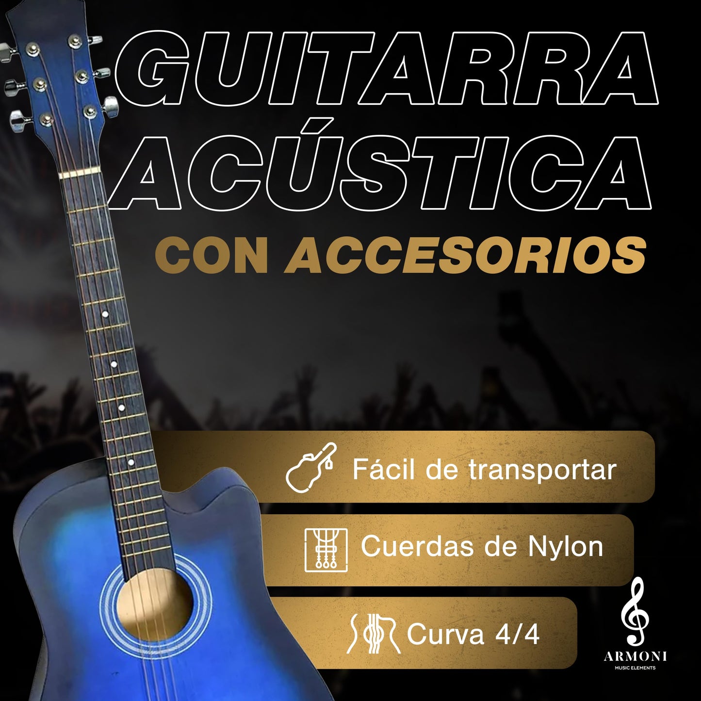 Guitarra Acústica Curva Armoni 4/4 con Accesorios Completos | Guitarra Azul - Cuello de Abeto, Cuerdas de Nailon, Funda, Púas y Más