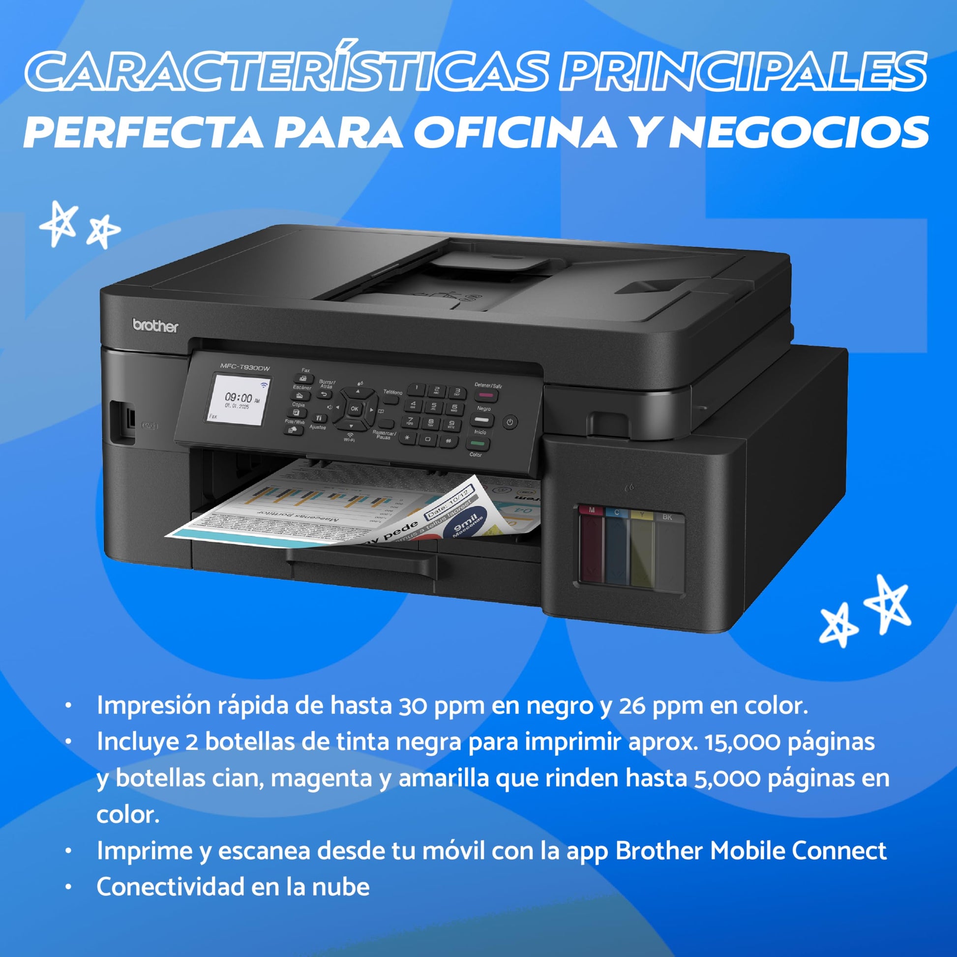 Brother Impresora Multifuncional 4 en 1 Inyección de Tinta Continua a Color MFC-T930DW | Tecnología InkBenefit Tank | Impresión Dúplex,Conectividad Wi-Fi 5GHz, Fax | Impresión en Negro y Color