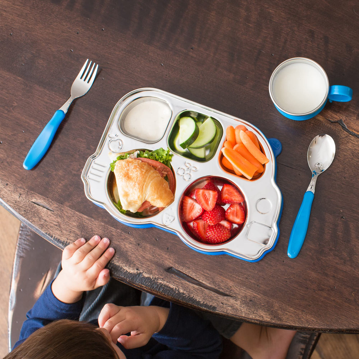 Innobaby Din Din Smart EZ Grip Cuchara y tenedor con funda de transporte, juego de utensilios para niños y niños, sin BPA (azul)