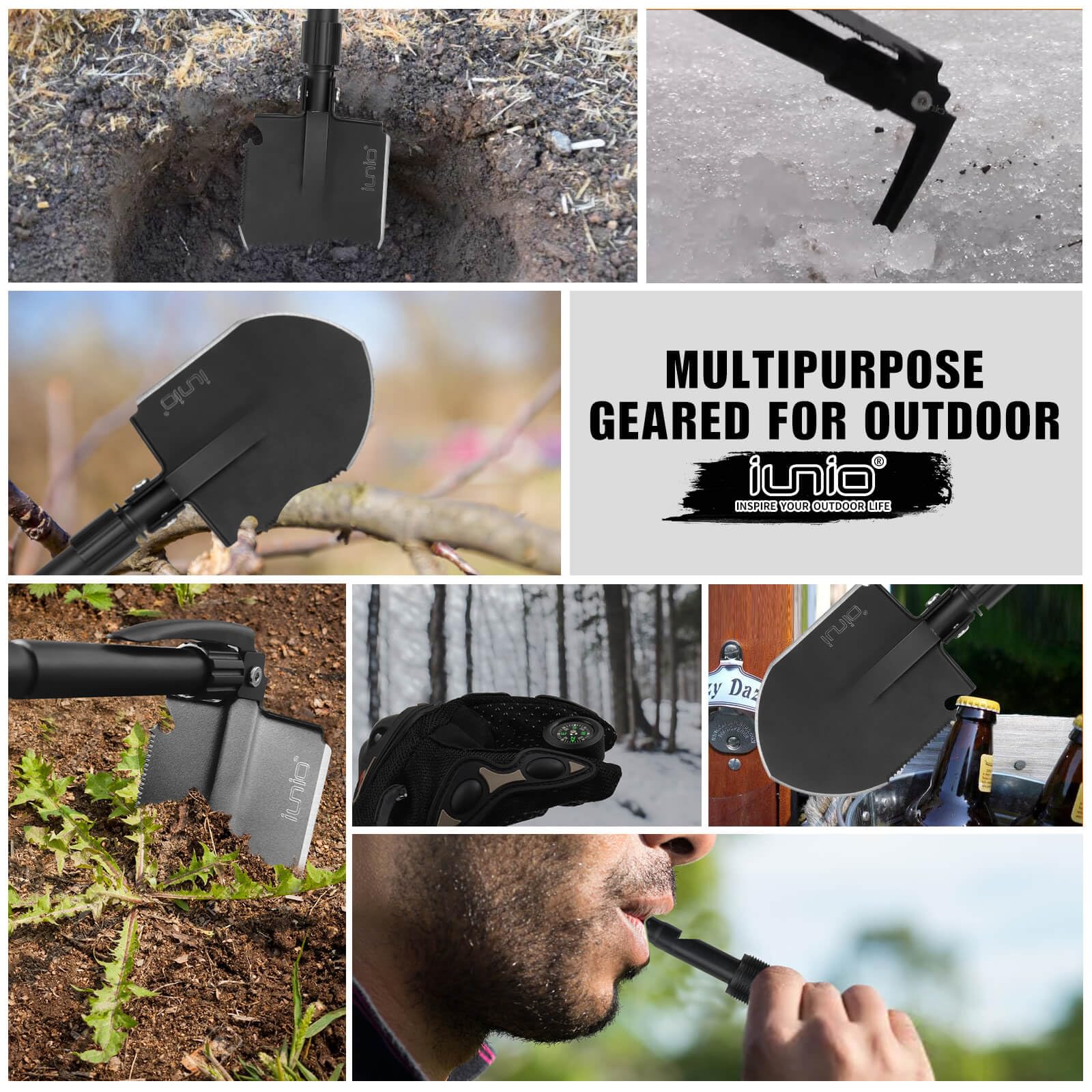 iunio - Pala de supervivencia plegable, herramienta de entrenamiento de grado militar, pala de emergencia plegable para recuperación ante desastres, emergencia de coche, pala multiherramienta con