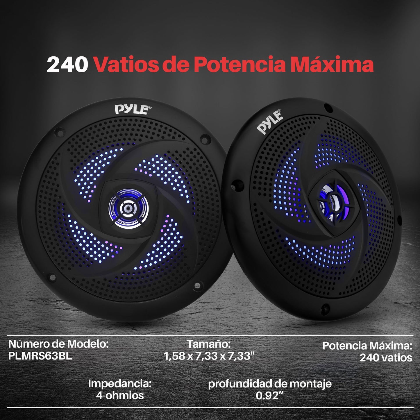 Pyle Bocinas Marinas Dobles de 6.5 Pulgadas. Sistema de Sonido Estéreo para Exteriores Resistente al Agua. Luz LED. Potencia 240 Watts. 1 Par. Negro