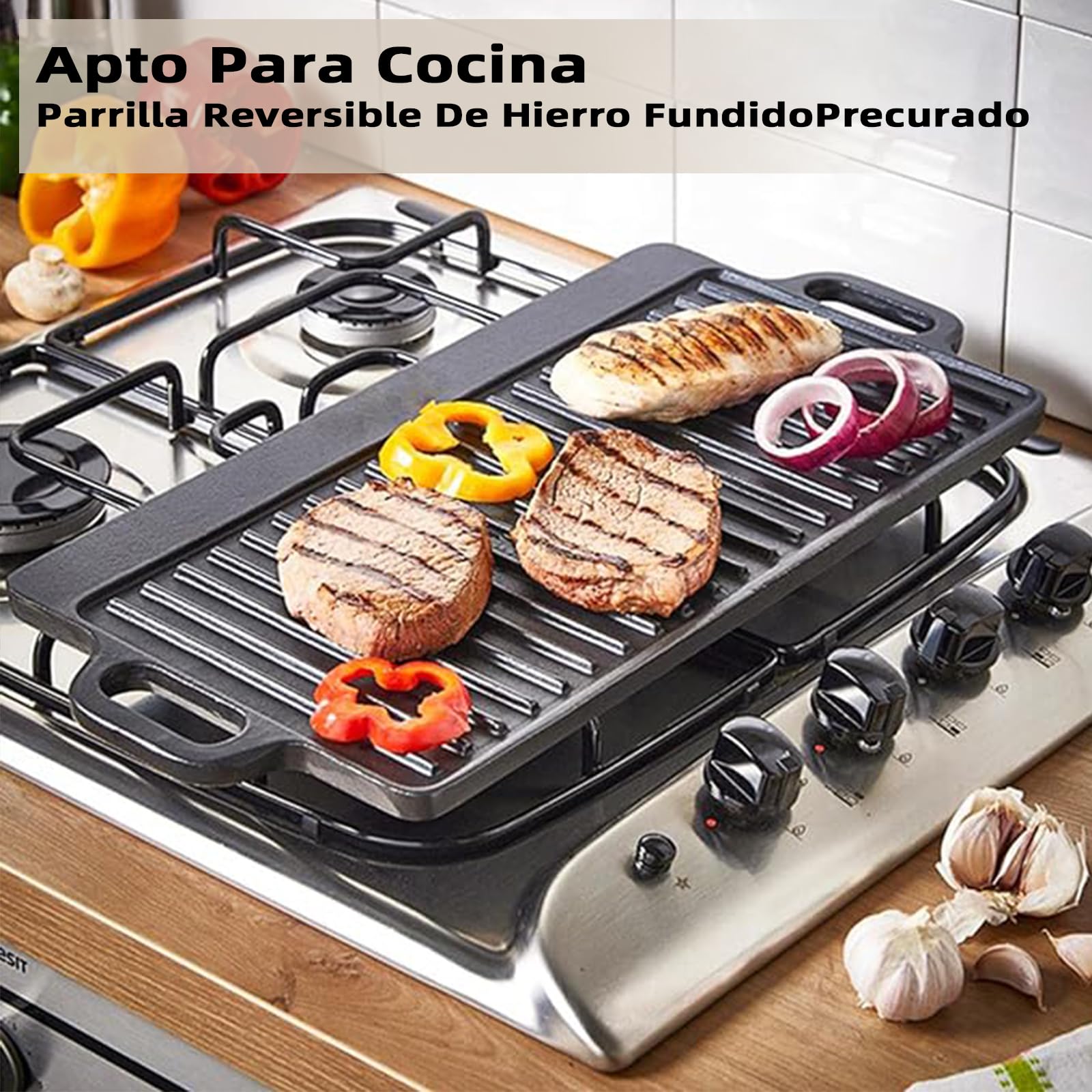 Plancha para Parrilla de Hierro Fundido Reversible Fácil de Limpiar Antiadhesiva 50.5 * 23.5cm para Estufas de Gas y Barbacoas