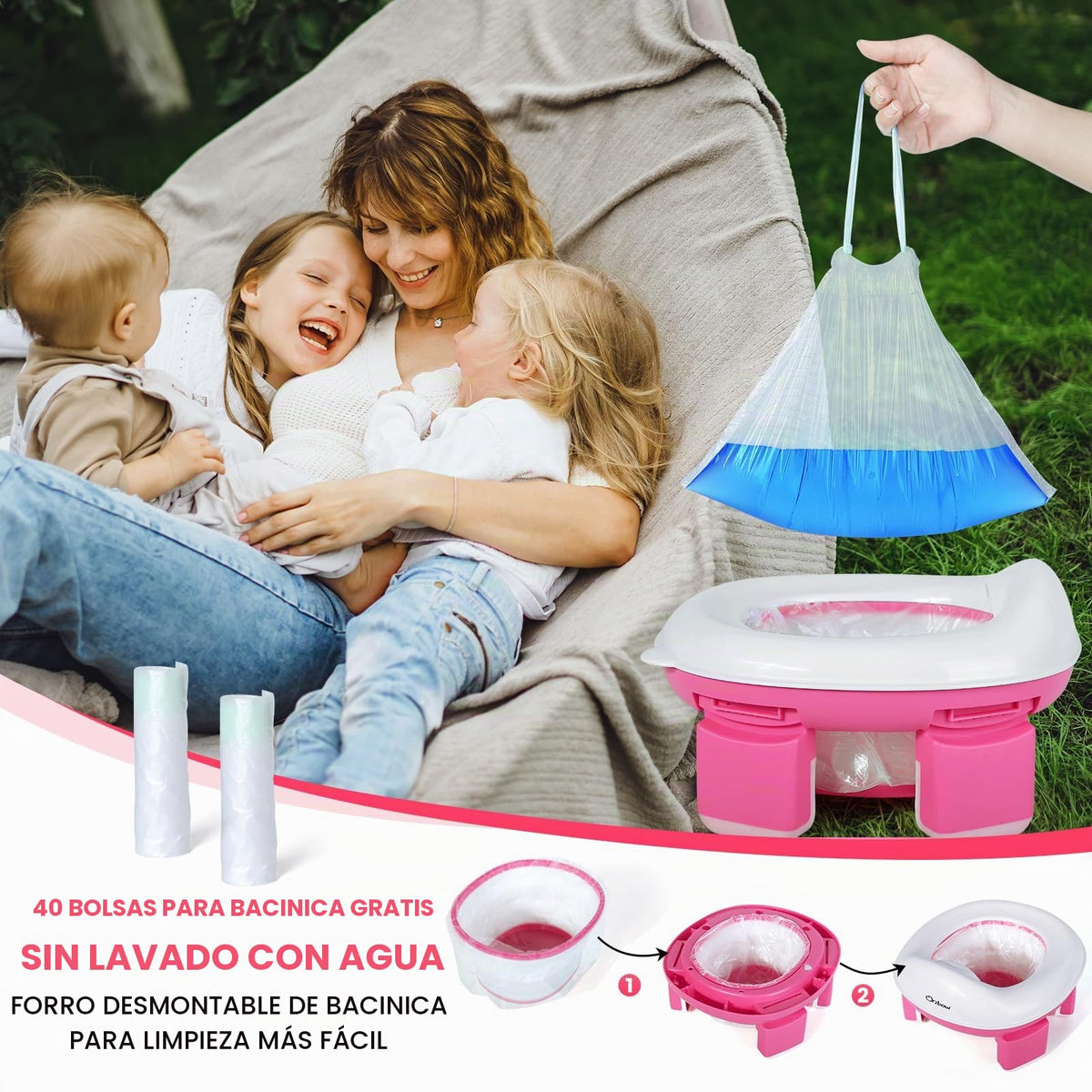 Orzbow - Asiento de inodoro portátil para niños pequeños con bolsa de almacenamiento, silla plegable para orinal con 40 bolsas de viaje, desmontable para bebé con protector contra salpicaduras para