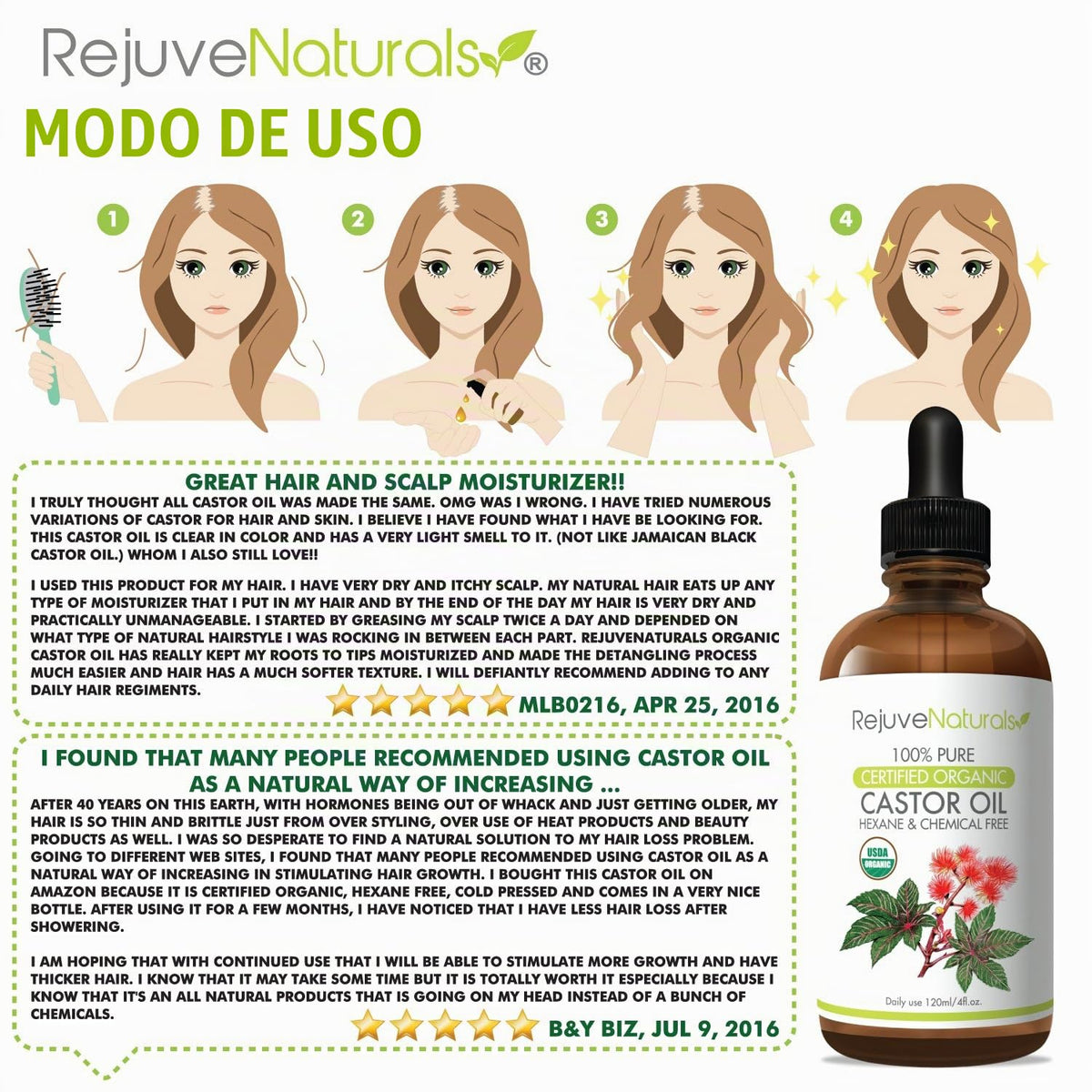 Organic Castor Oil, 100% Pure, Hexane Free, Cold Pressed, USDA Certified Organic, by RejuveNaturals, 4oz | All Natural Conditioner for Hair, Skin & Face