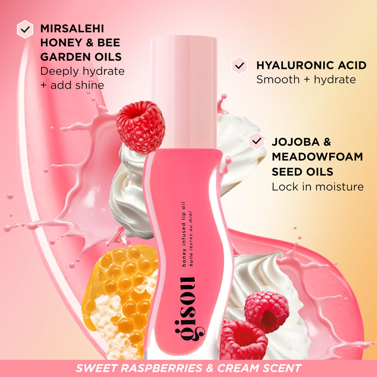 Gisou Aceite Labial Hidratante con Infusión de Miel, Raspberry Swirl
