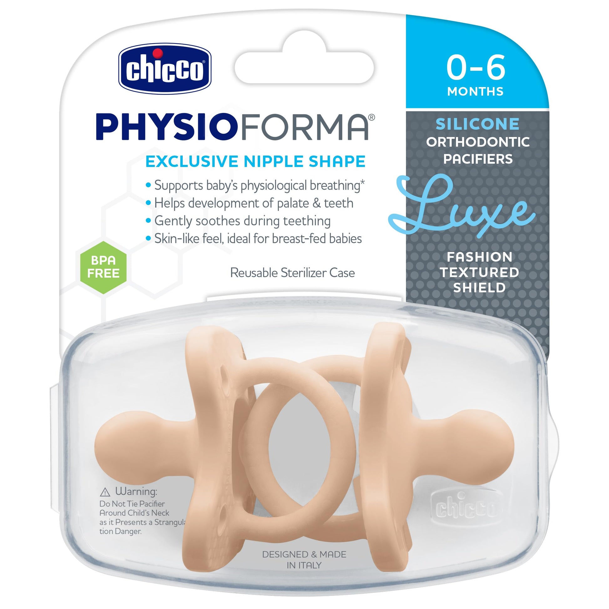 Chicco PhysioForma® - Chupete de silicona de lujo de una pieza para bebés de 0 a 6 m | Escudo texturizado de moda, última intervensión de BPA y látex, funda esterilizante reutilizable, color rubor, 2