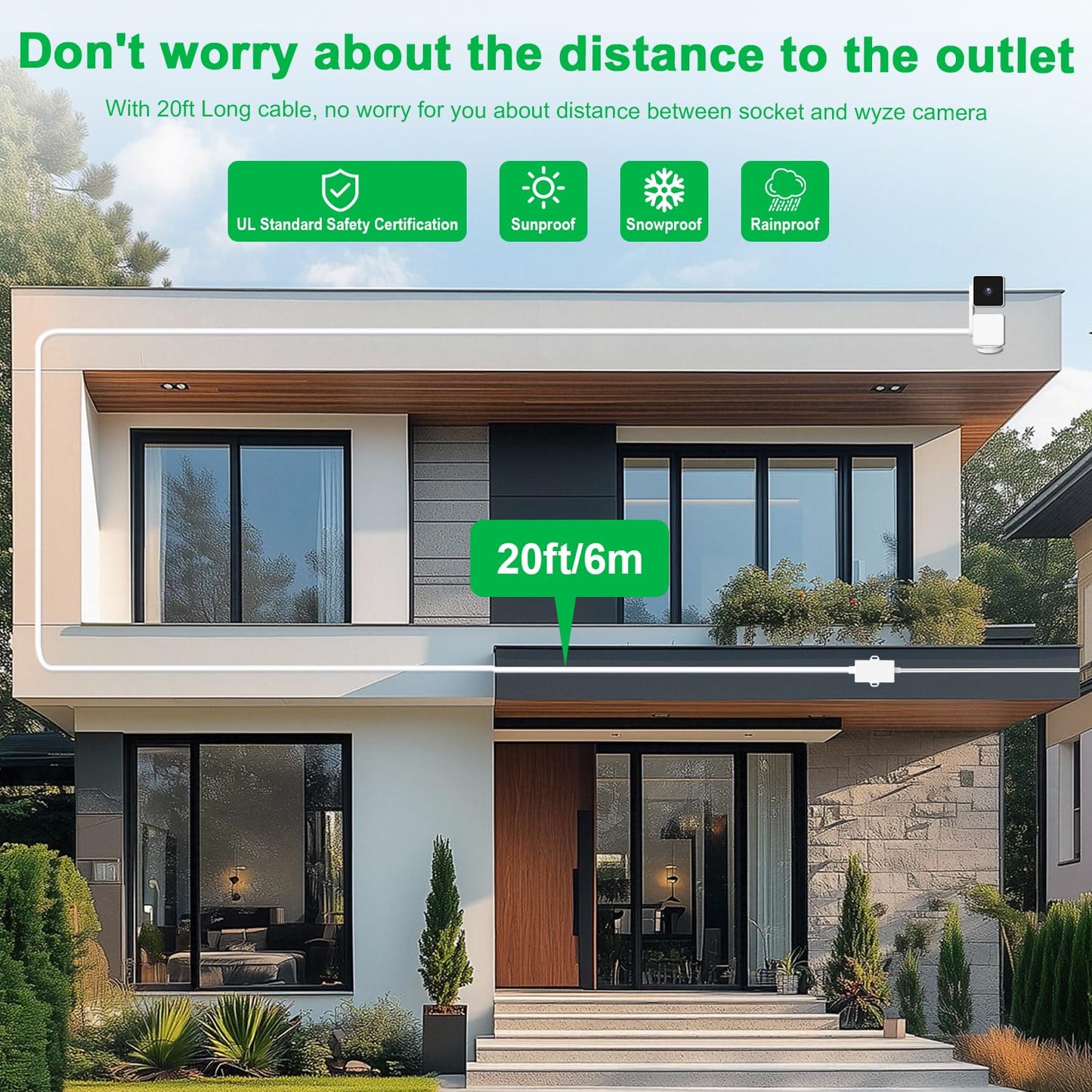 Uogw - Adaptador de corriente para exteriores compatible con Wyze Cam V4/V3/V3 Pro/OG, Wyze Cam Pan V3/V2, cable de extensión micro USB de 90°, reemplaza el enchufe WYZE, cable de alimentación plano