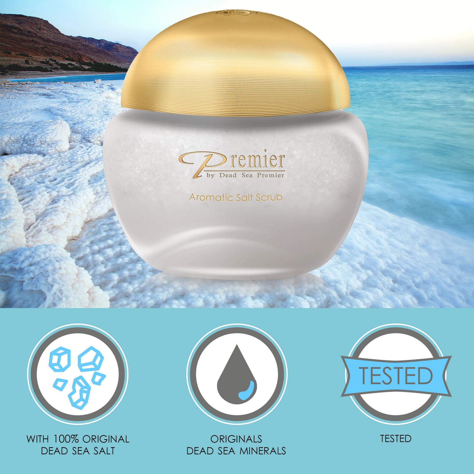 Exfoliante Corporal Premier Dead Sea con Tapa Dorada y Sales Minerales de Aromaterapia