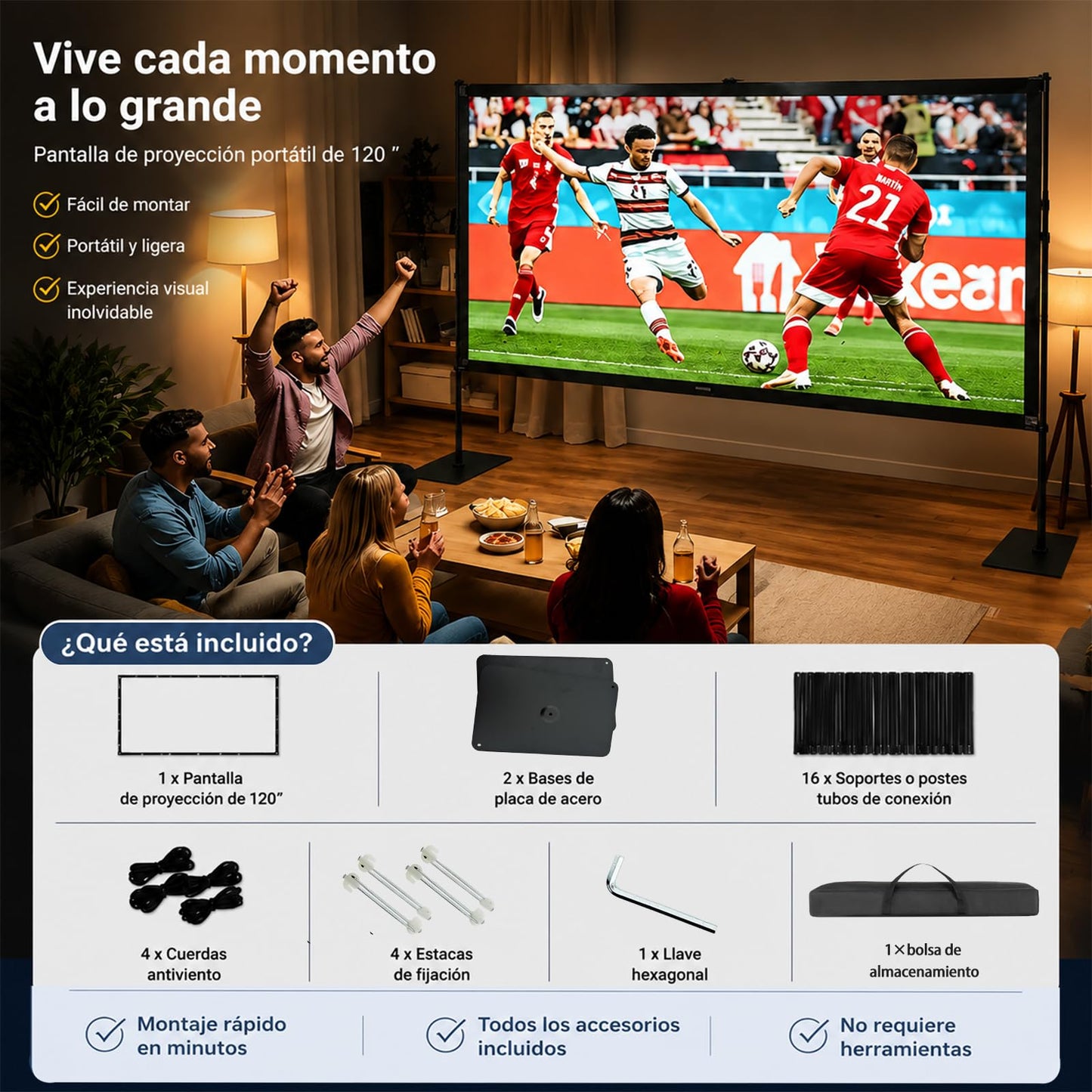 UDUEUD Pantalla para Proyector de 100 Pulgadas，Pantalla de Proyección de Alta Definición 4K，Soporte de Acero Mejorado, con Soporte, Proyección Doble Cara, para Hogar, Exterior, Bodas y Reuniones