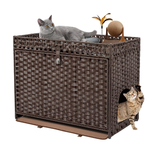 FABATO Arenero para Gato Grande Cerrado - Casa para Gatos Exterior - Puerta Lateral para tu Mascota - Mueble de Mimbre Ratán Tejido a Mano - Incluye Alfombrilla Suave (Marrón)