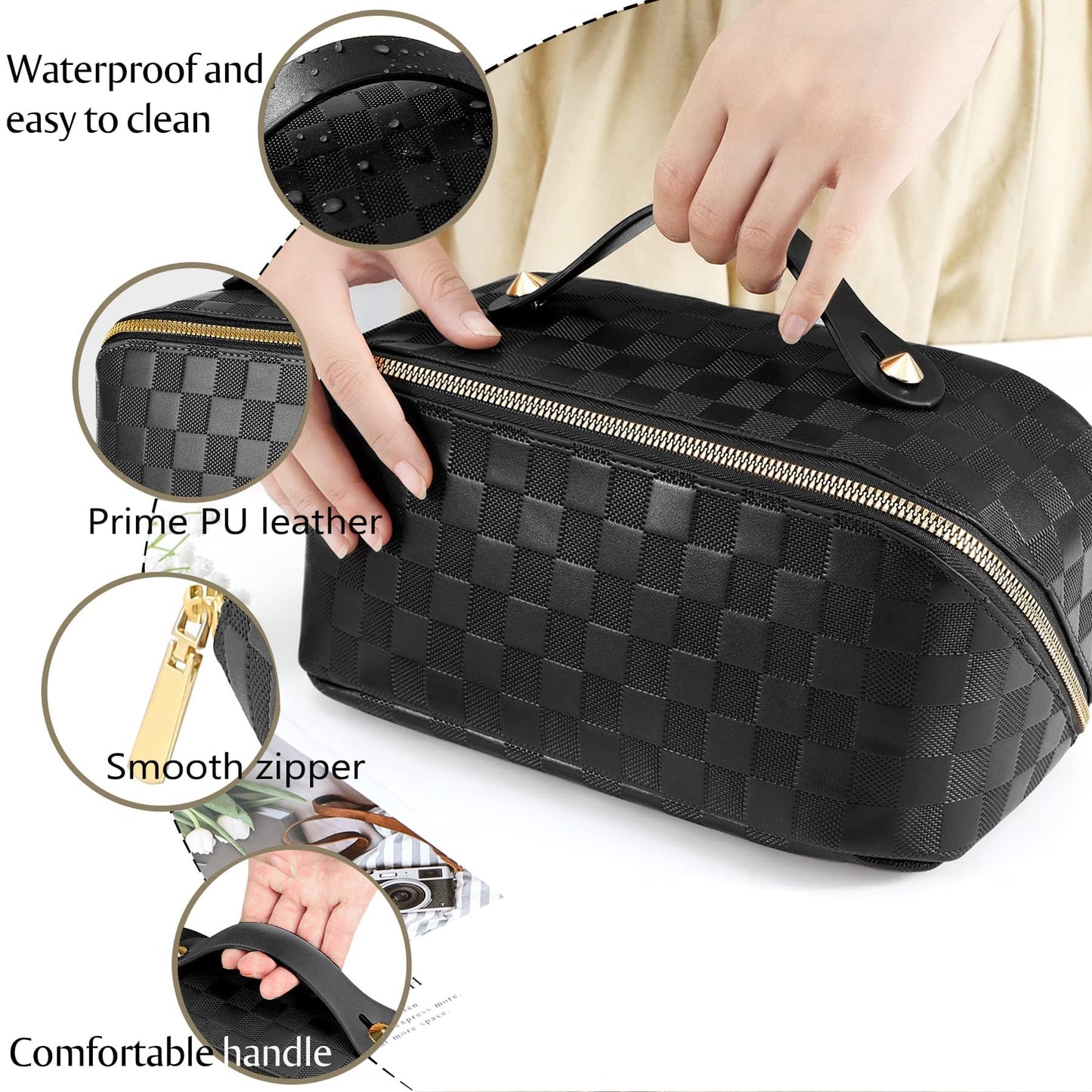 jiffordwind Bolsas de maquillaje de viaje a cuadros organizadoras de cosméticos: 2 juegos de bolsa de maquillaje impermeable de gran capacidad, bolsa de aseo de piel sintética para mujer, bolsa