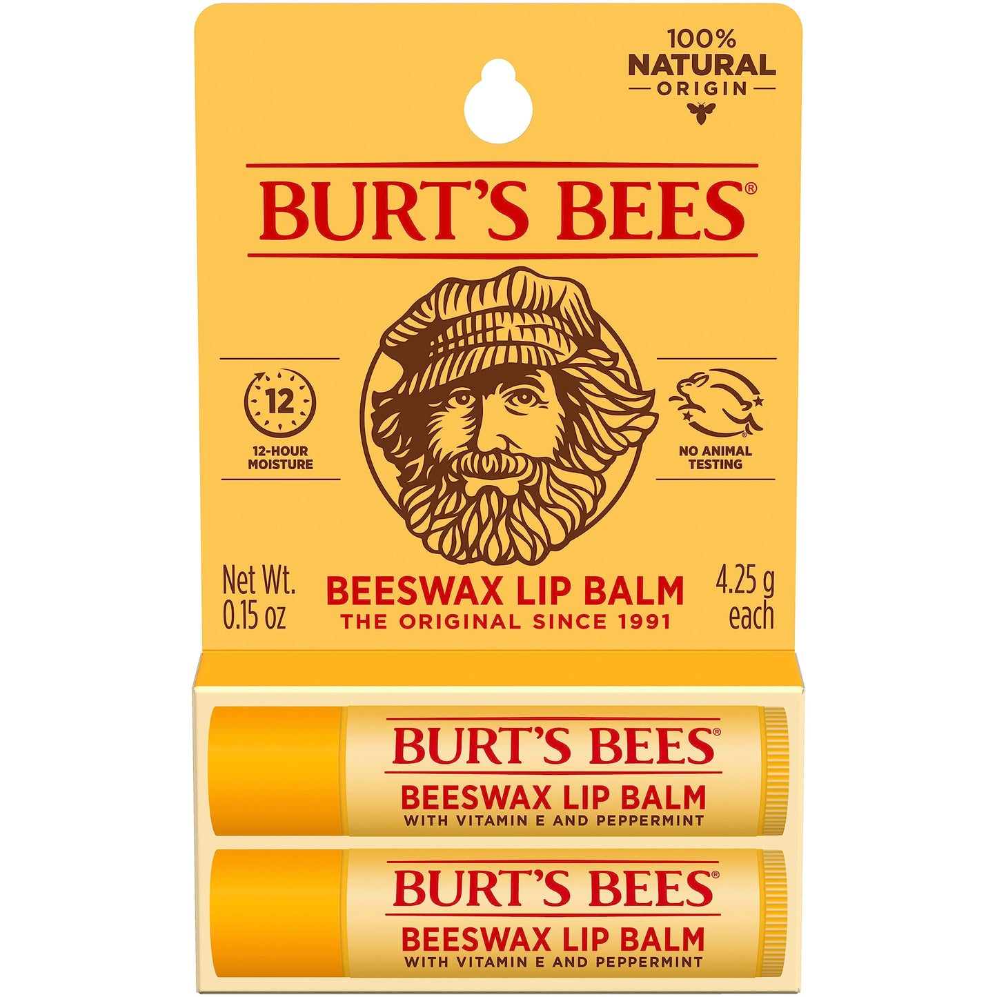 Burt's Bees 100% Natural Moisturizing Lip Balm, Original Beeswax with Vitamin E & Peppermint Oil, 2 Tubes