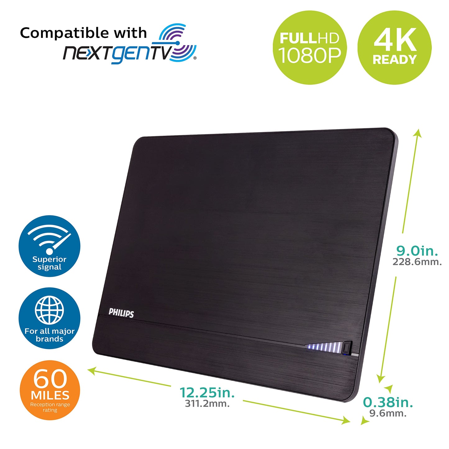 Philips Elite Channel Finder - Antena de TV para Interiores, Antena de Largo Alcance, Amplificador de señal Amplificador, Digital, HDTV, Compatible con Smart TV, 4K 1080P VHF UHF, 10 pies, coaxial