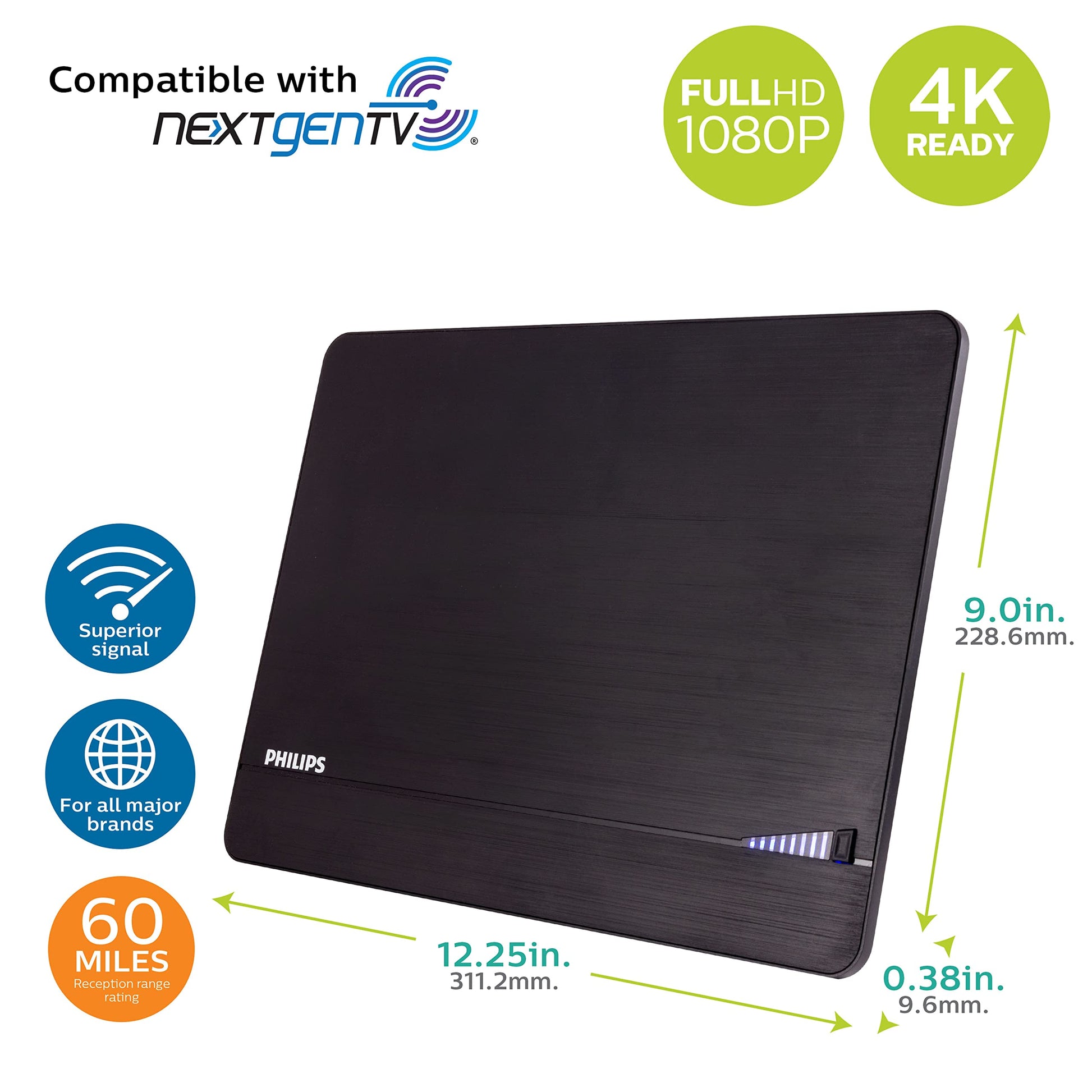 Philips Elite Channel Finder - Antena de TV para Interiores, Antena de Largo Alcance, Amplificador de señal Amplificador, Digital, HDTV, Compatible con Smart TV, 4K 1080P VHF UHF, 10 pies, coaxial