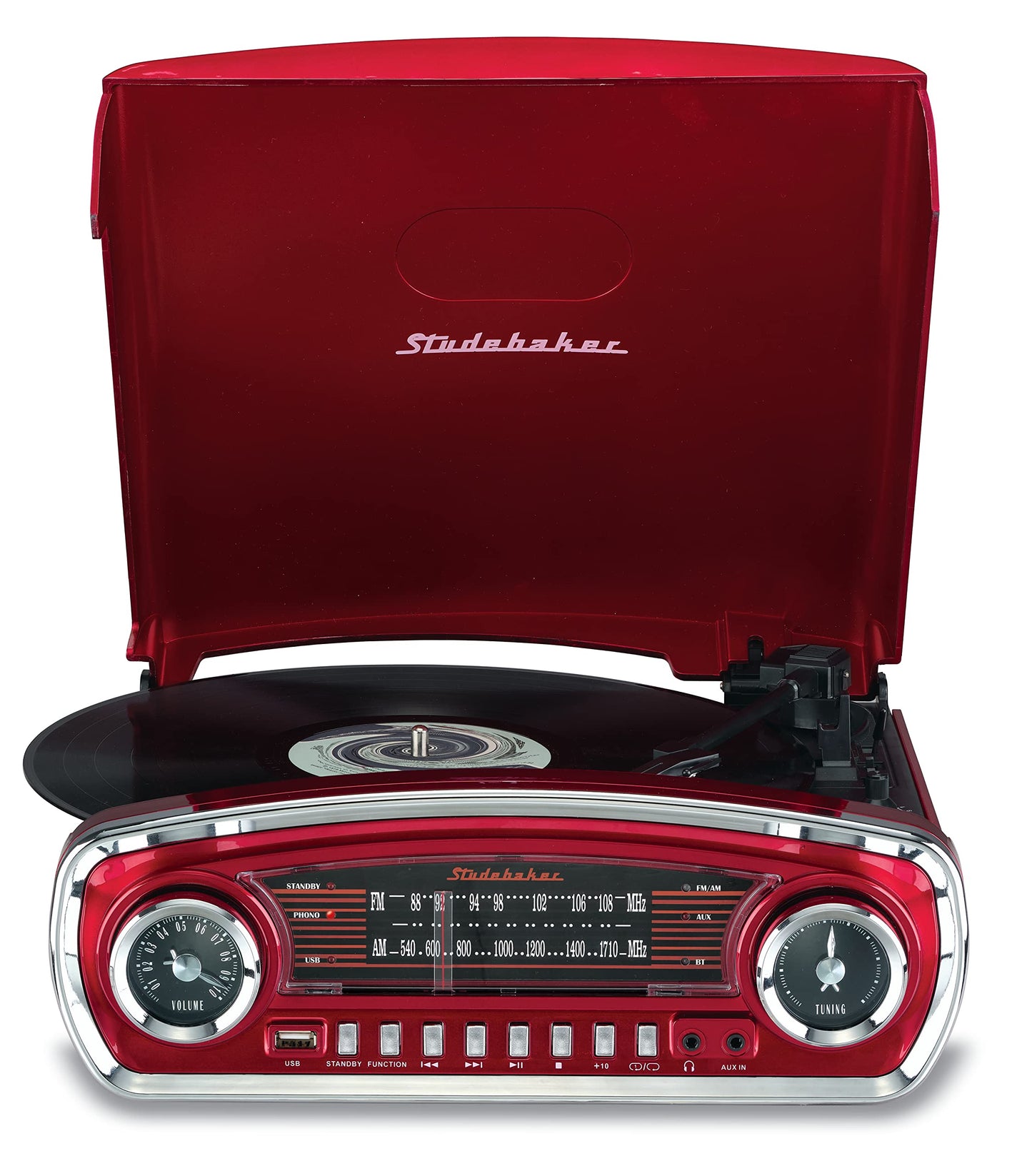 Studebaker - Tocadiscos de 3 velocidades con control de tono, con receptor Bluetooth, radio estéreo AM/FM, ranura USB para reproducción de MP3, conectores para audífonos y auxiliar (rojo)