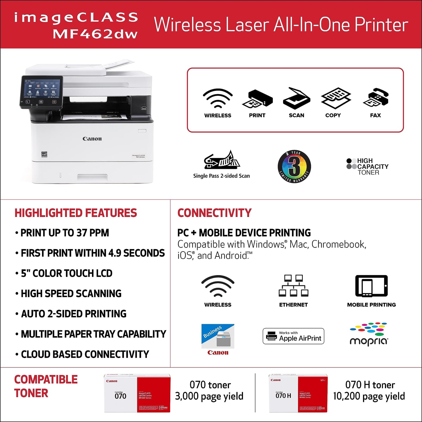 Canon imageCLASS MF462dw - Impresora láser Monocromática Dúplex Todo en uno, Inalámbrica, Garantía Limitada de 3 años
