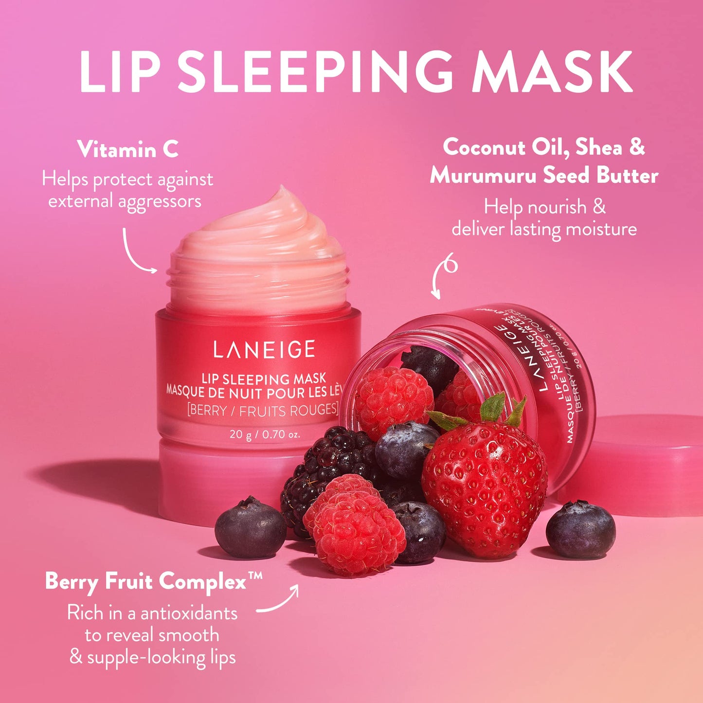 Laneige. Lip Glowy Balm Baya bálsamo + Laneige. Lip Sleeping Mask Baya mascarilla noche tratamiento labial hidratación intensa